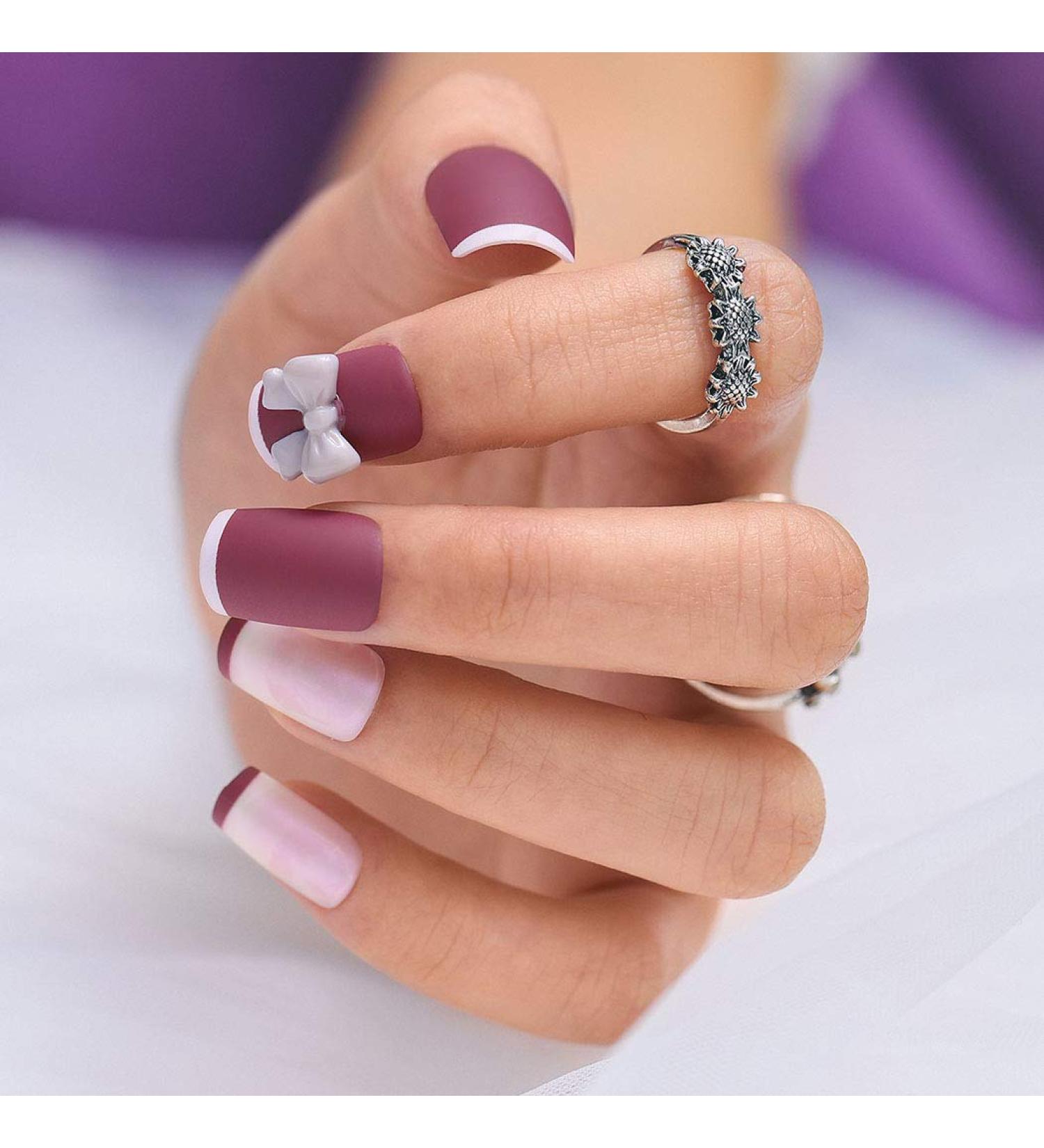 Sethexy Purple Sparkle Bowknot False Nails - 24 Pcs Acrylic Short Square Nail Art Tips for Women & Girls - Complete Cover - Buy Online on SooperMarket.com