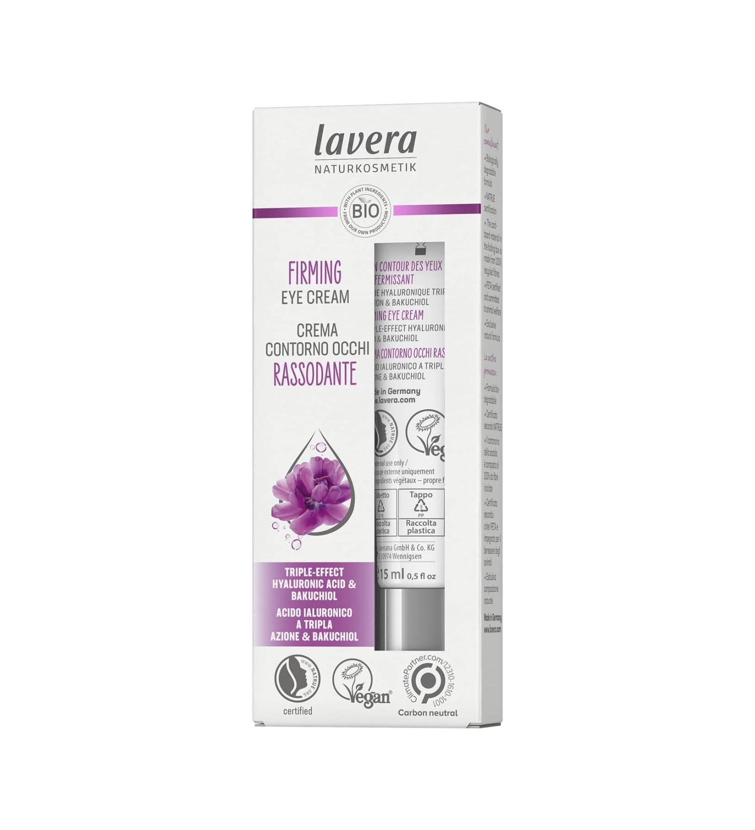 Lavera firing eye cream - with a triple effect hyaluronic acid & bakuchiol - anti -Age - vegan - organic skin care - visibly tightening and moisturizing - 15 ml