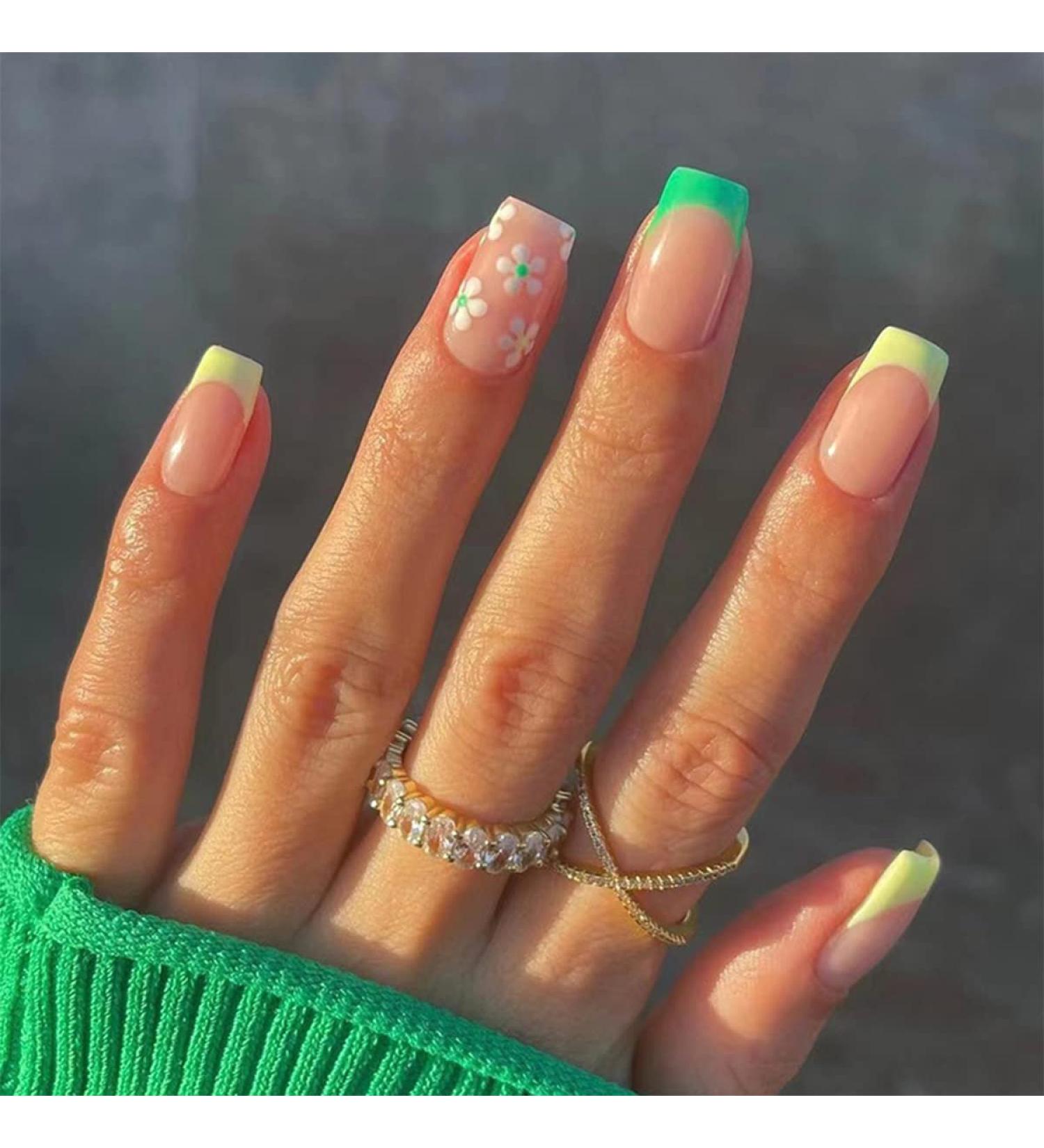 French Tip Press On Nails Short with White Flower Design | Yellow Green French False Nails | Spring Acrylic Stick On Nails for Women - Buy Online on SooperMarket.com