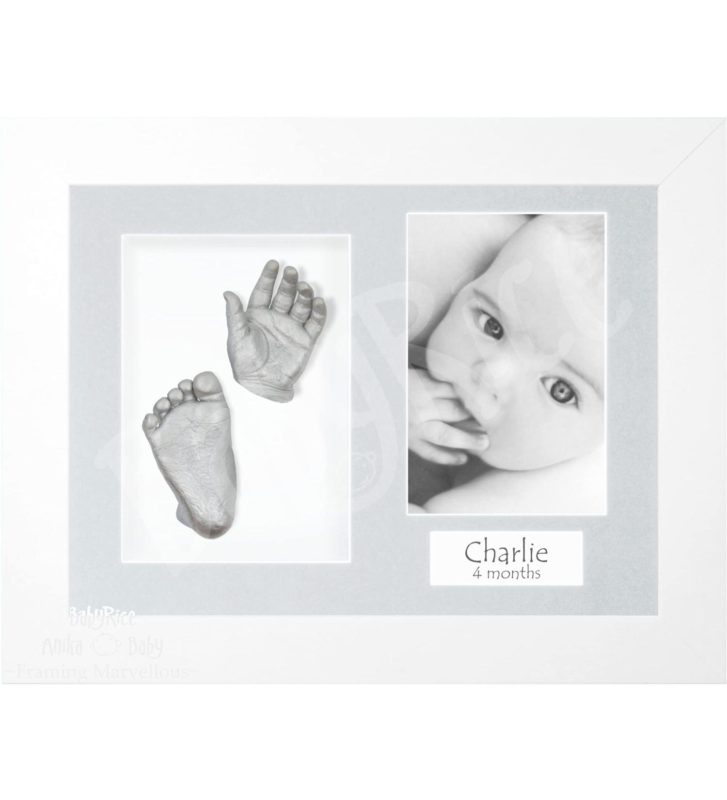 BabyRice Baby Casting Kit | White 12x9 Shadow Box Display Frame | Silver Hand Foot Casts | Light Grey/White - Buy Online on SooperMarket.com
