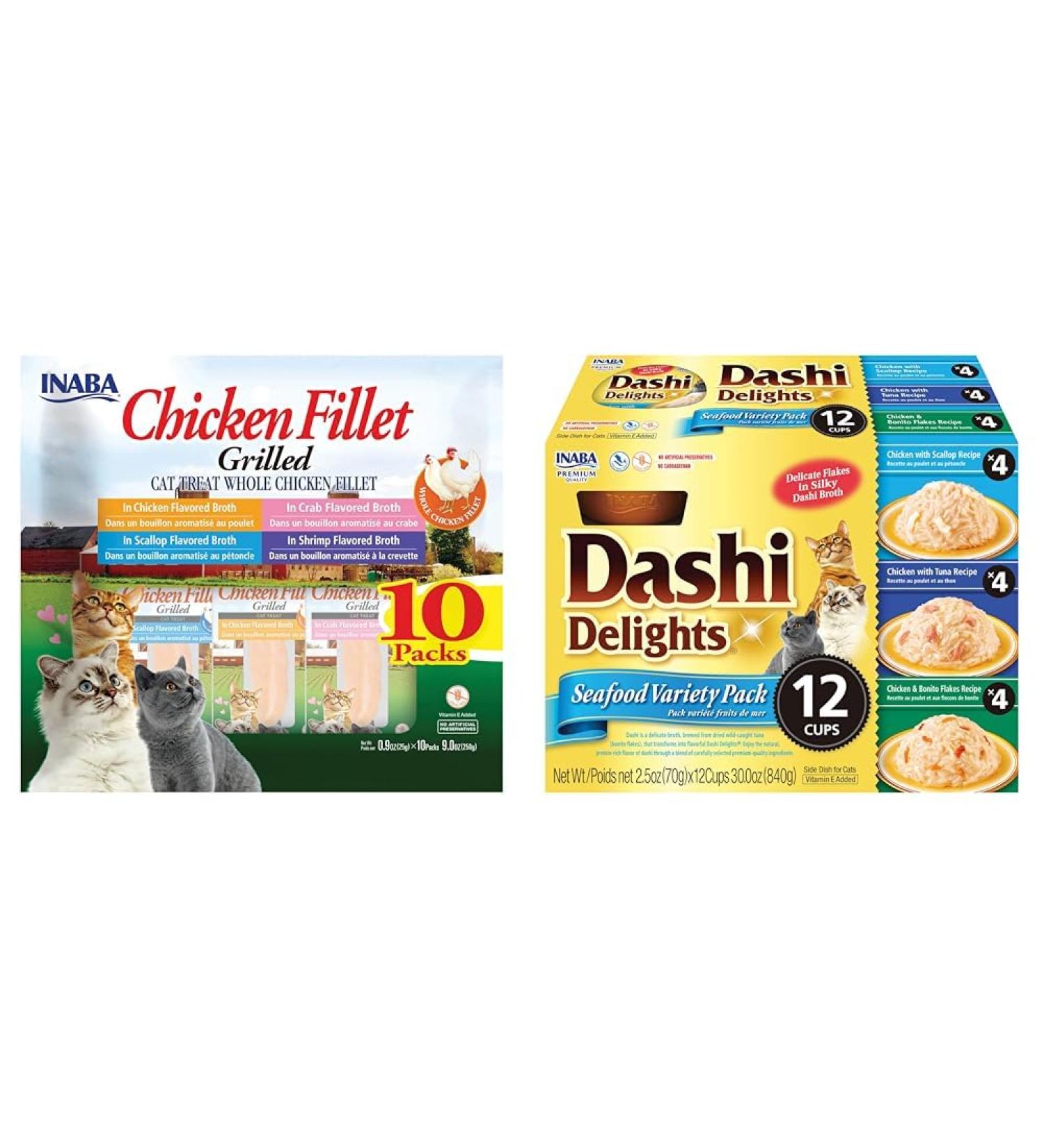 INABA Natural Premium Hand-Cut Grilled Chicken Fillet Cat Treats/Topper & Dashi Delights for Cats Shredded Chicken with Bonito Flake Broth 2.5 Ounce Cup 12 Cups Total Seafood Variety - Buy Online on SooperMarket.com