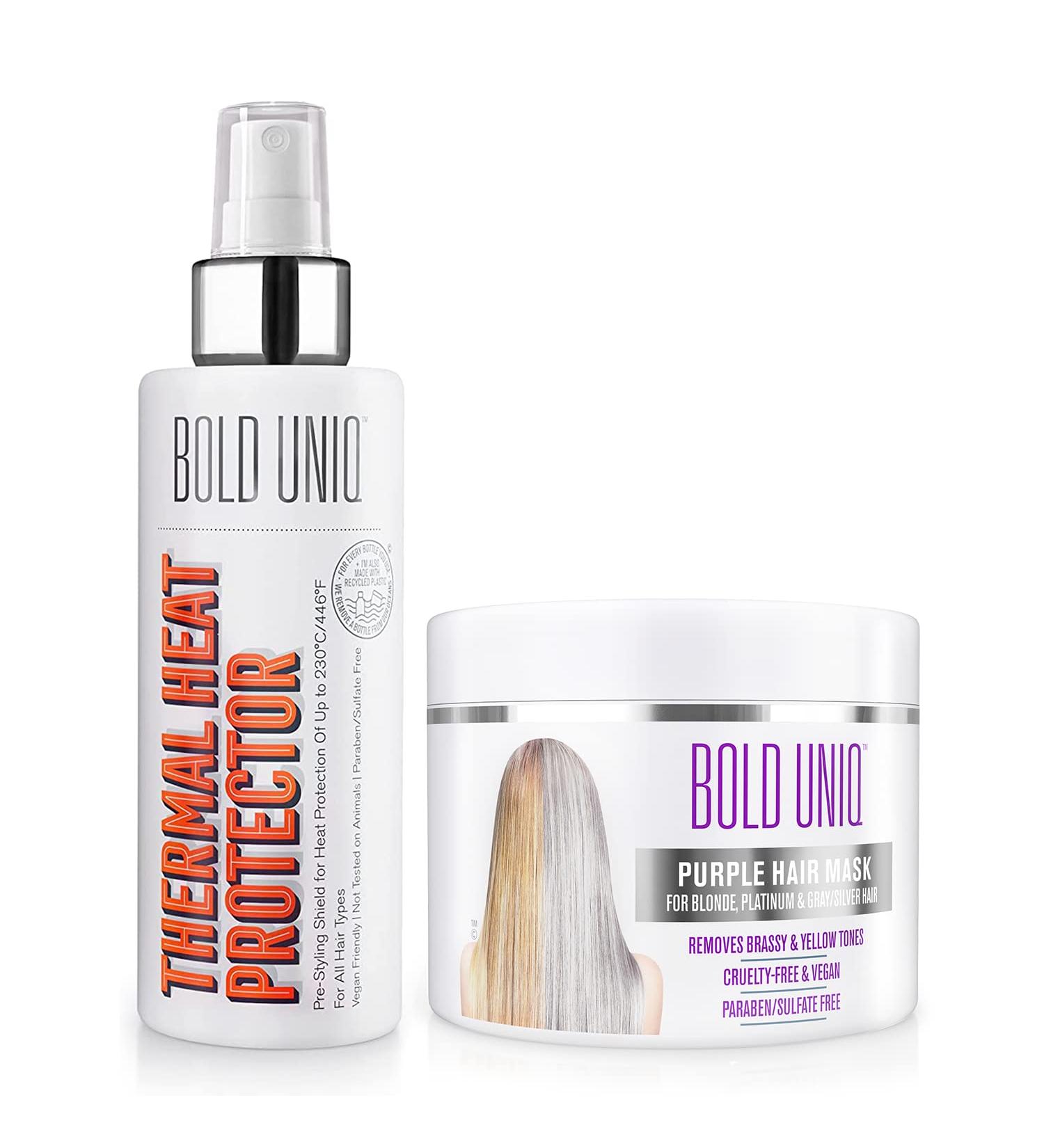 Bold Uniq Purple Hair Mask & Heat Protectant Spray Bundle for Blonde, Platinum, Silver, Gray Hair - Remove Yellow Tones, Protect from Thermal Heat Up To 450 - Buy Online on SooperMarket.com