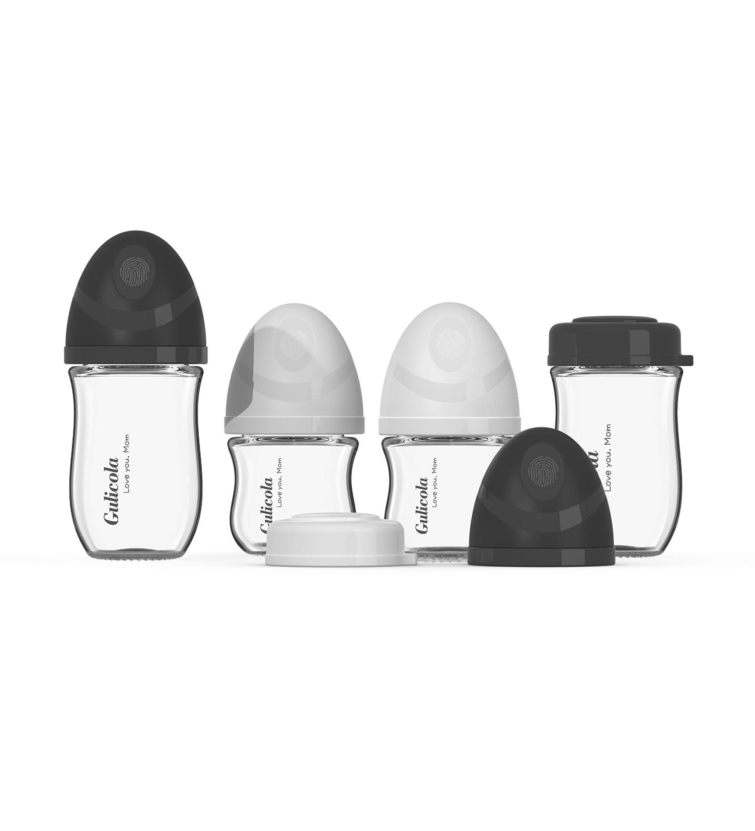 Gulicola Natural Glass Baby Bottle Gift Set - 3 oz & 5 oz, Extra Slow Flow Nipple, 0-3 Months - 4 Pack, Black/White Unisex - Buy Online on SooperMarket.com