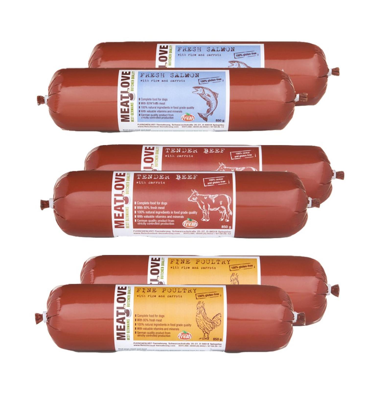 Meatlove 6 x 800g Poultry Beef and Salmon Food Chub Rolls For Dogs