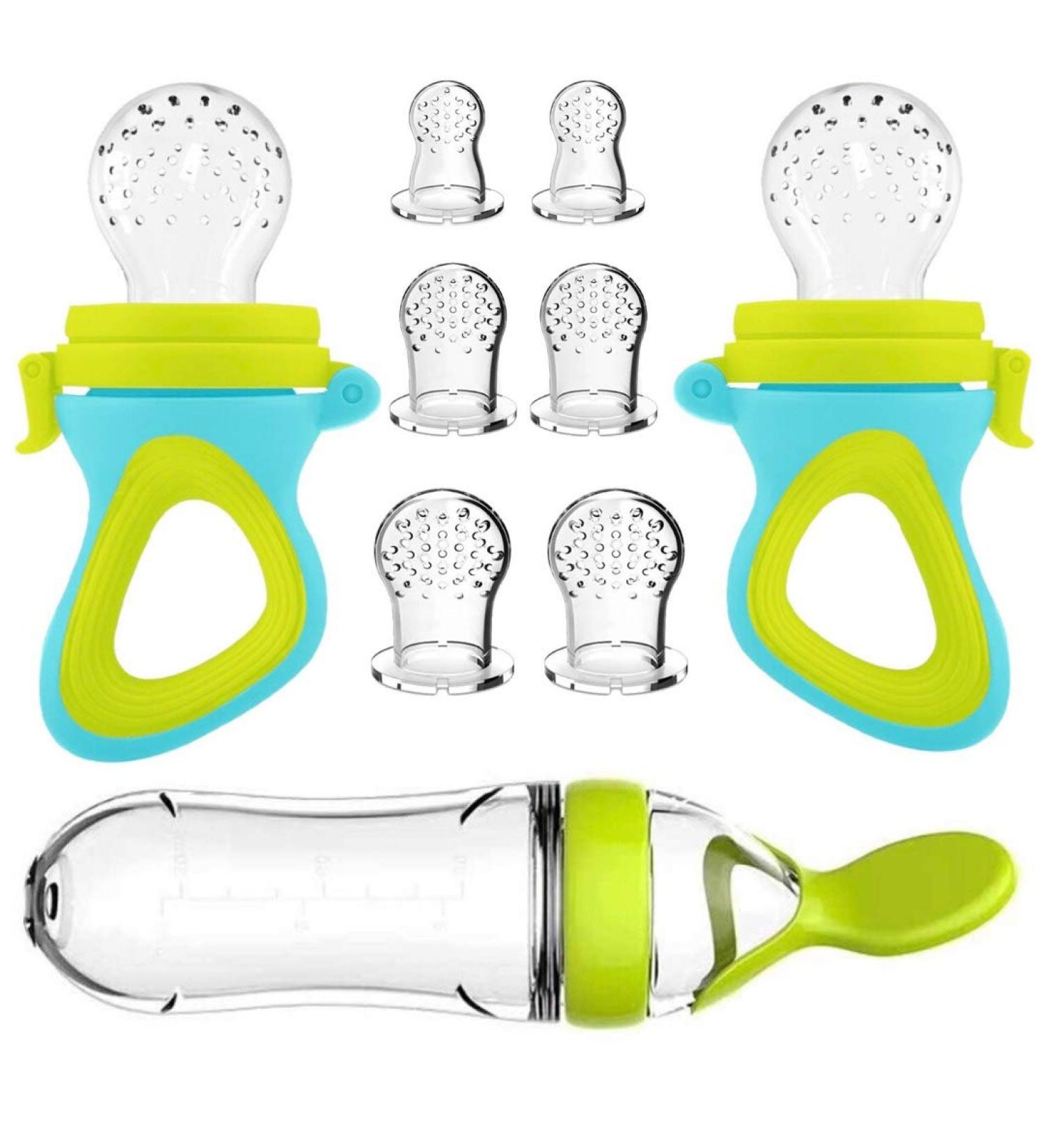 Baby Food Feeder 2 Pack Fruit Pacifier Set | 6 Silicone Pacifiers | Dispensing Spoon | Baby Feeding Set in Green - Buy Online on SooperMarket.com