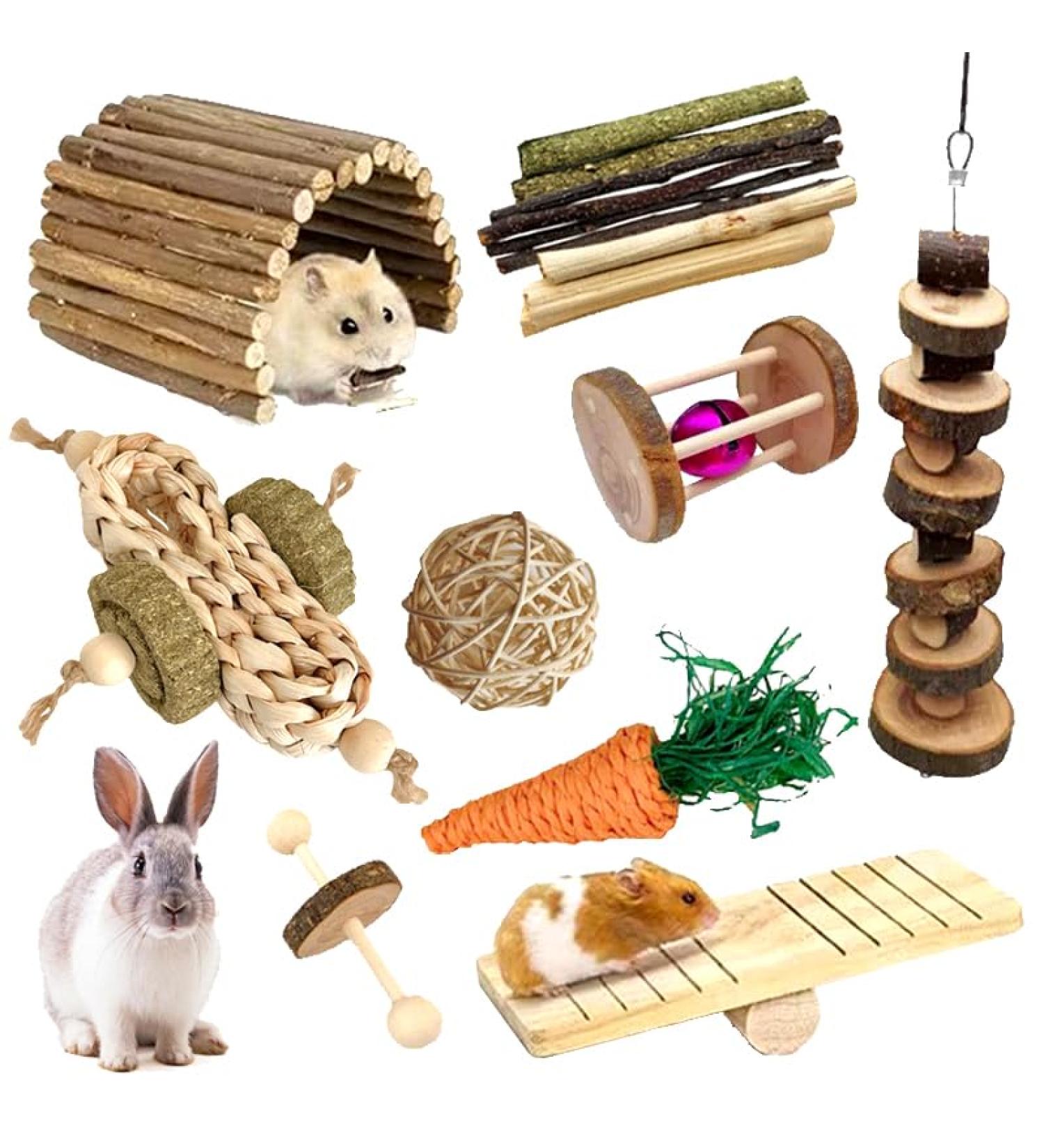 Runfar Natural Wooden Hamster Toy Kit - Exercise Bell Roller & Tooth Care Toys for Hamsters Chinchillas Rabbits & Guinea Pigs - Buy Online on SooperMarket.com