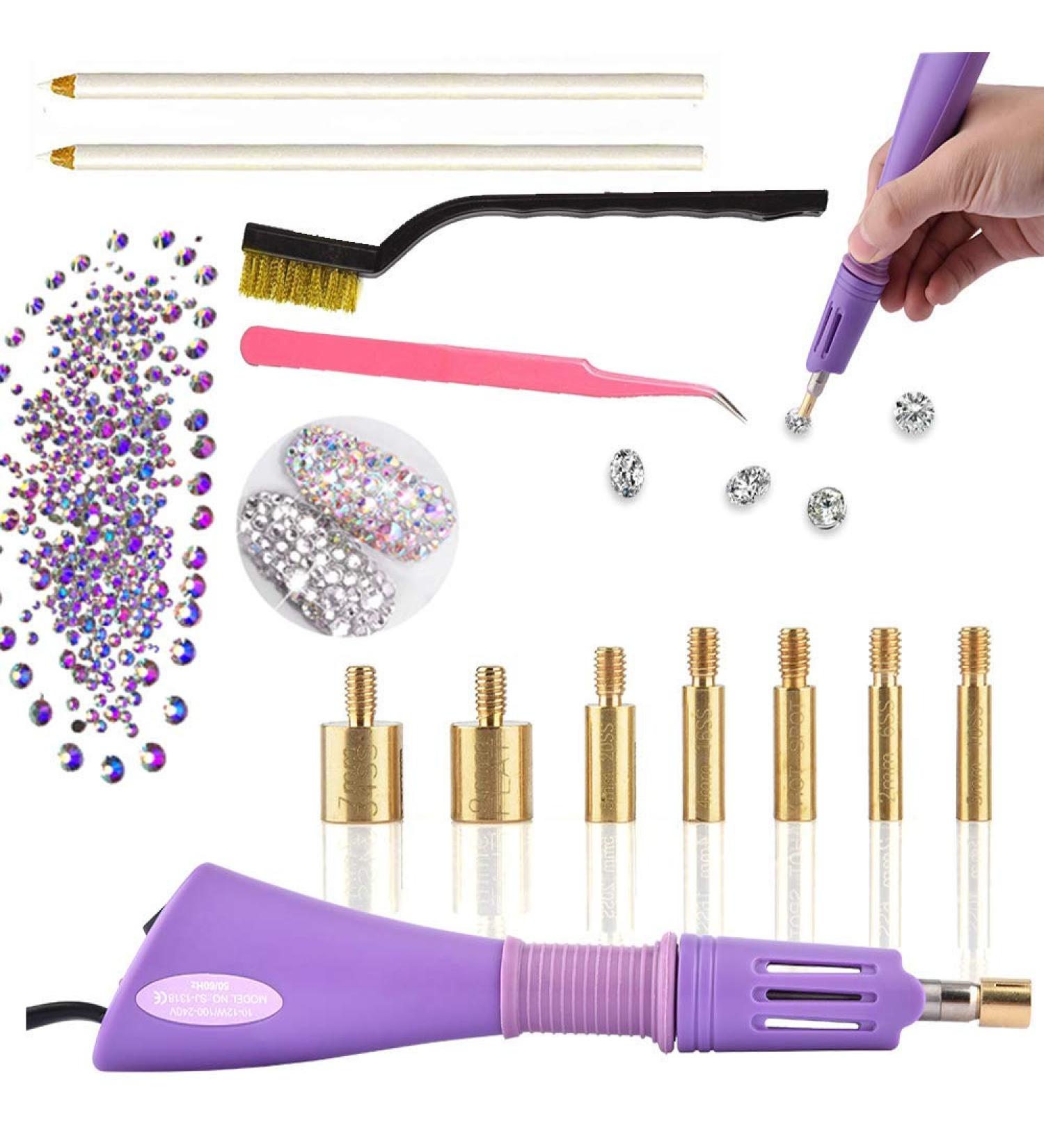 Hotfix Applicator Rhinestone Setter Kit - 7 Sizes Tips, Tweezers, Cleaning Brush, Pencils & Crystal Embellishments - Buy Online on SooperMarket.com