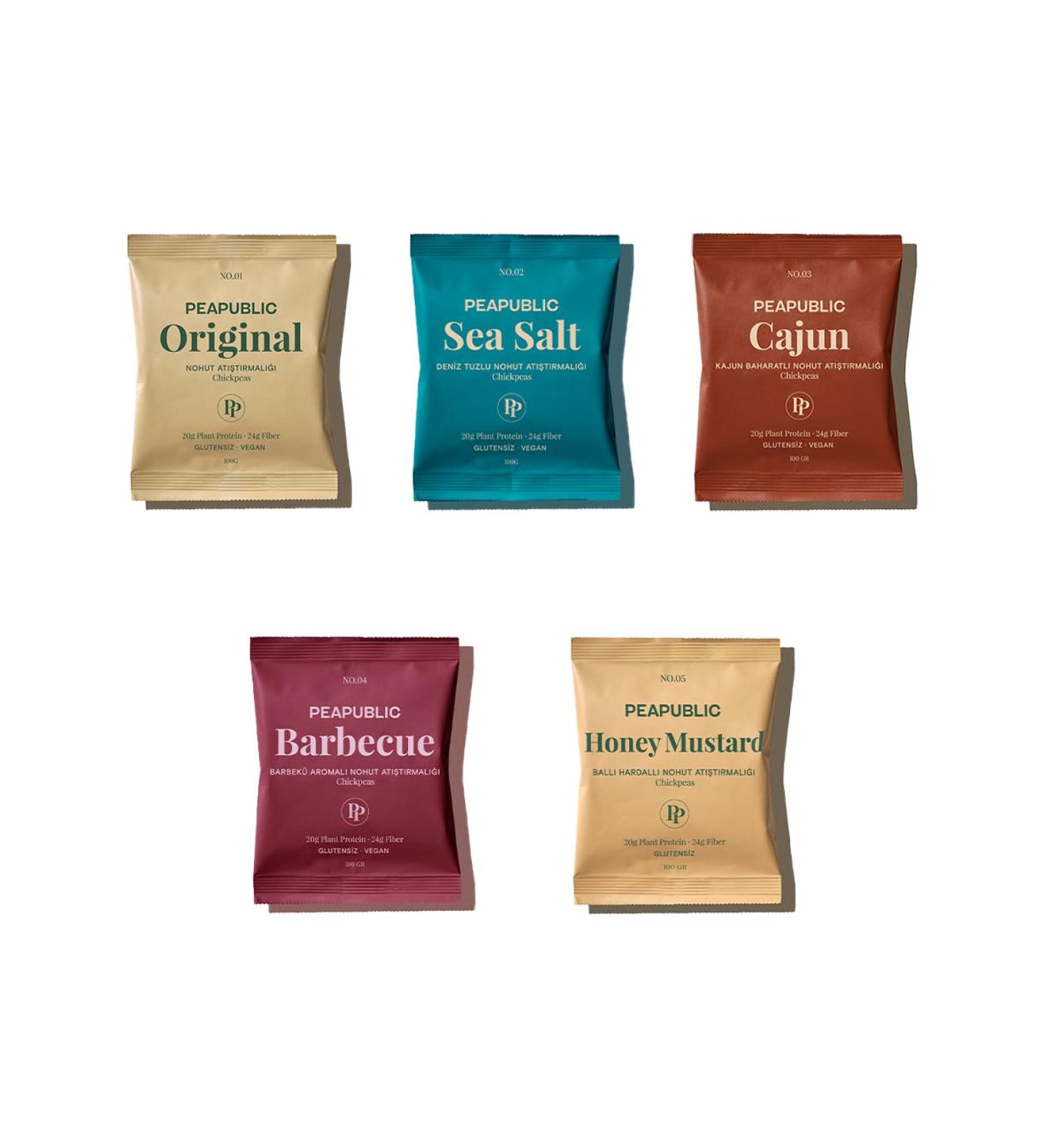 PEAPUBLIC Crunchy Roasted Chickpeas : Variety Pack I Original Sea Salt Cajun Barbecue Honey Mustard I High Plant Protein High Fibre Plant Based Good For You I 5 Packs (100 g each) - Buy Online on SooperMarket.com