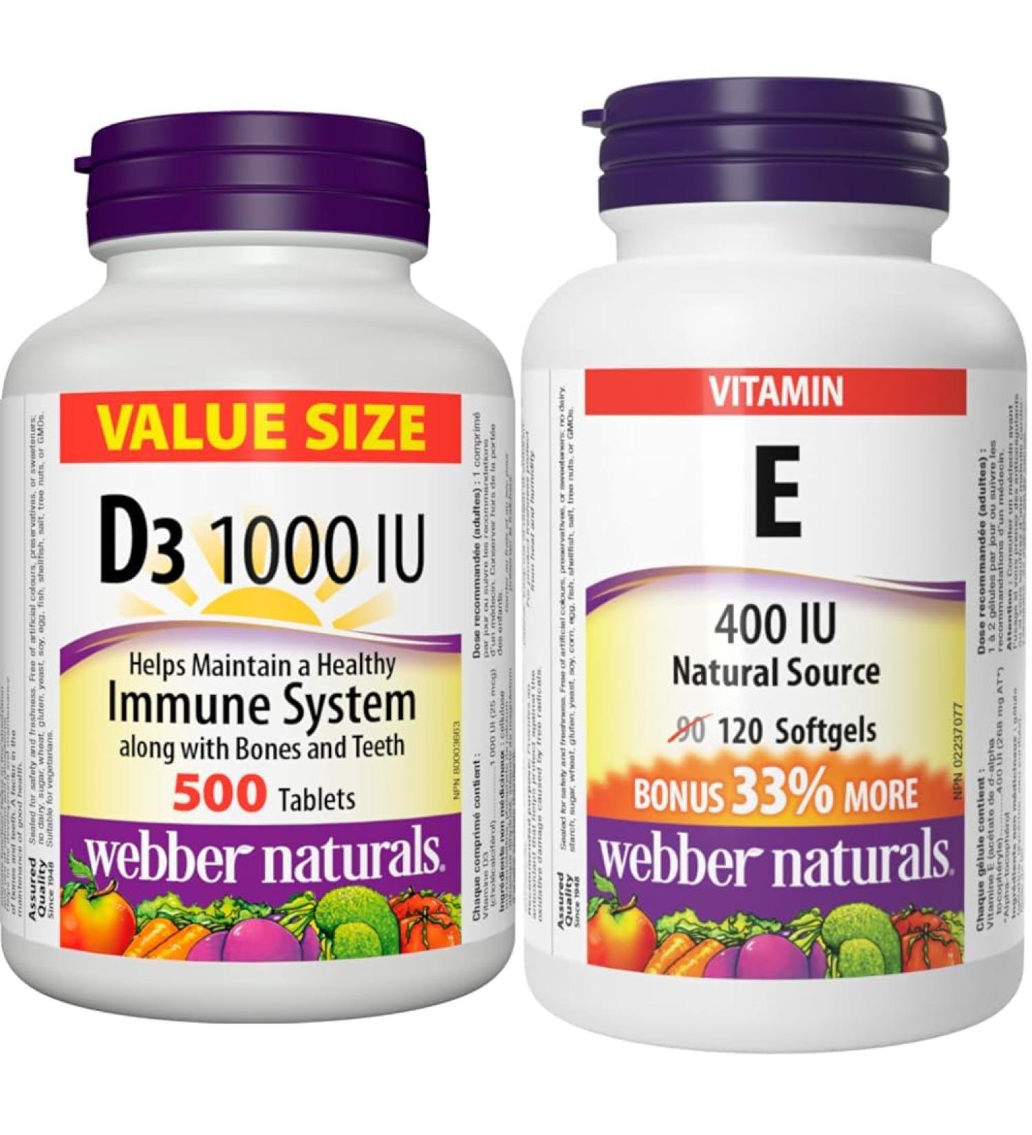 Webber Naturals Vitamin D3 1000 IU 500 Tablets For Healthy Bones Teeth and the Maintenance of Good Health & Vitamin E 400 IU 120 Softgels Natural Source of Vitamin E Antioxidant Support - Buy Online on SooperMarket.com