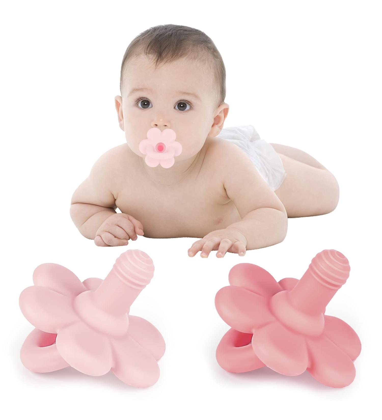 Tinabless Baby Pacifier & Teether Set - Pink & Dark Pink Silicone Soothers for Breastfed Babies 3-6 Months | Car Seat Toy Included - Buy Online on SooperMarket.com