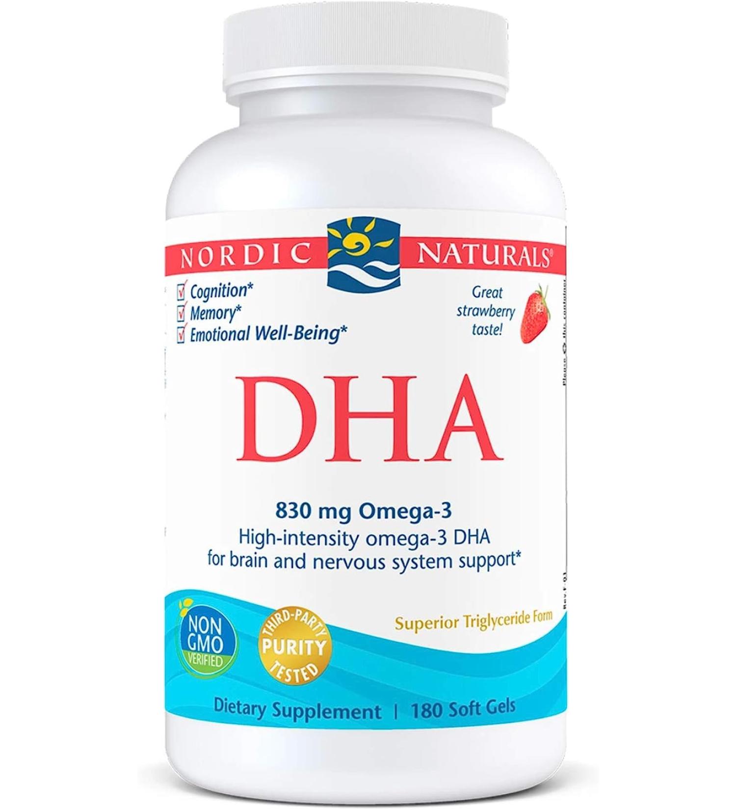 Nordic Natural DHA Strawberry - 180 Soft Gels - 830 mg Omega-3 - High-Intensity DHA Formula for Brain & Nervous System Support - Non-GMO - 90 Servings - Buy Online on SooperMarket.com