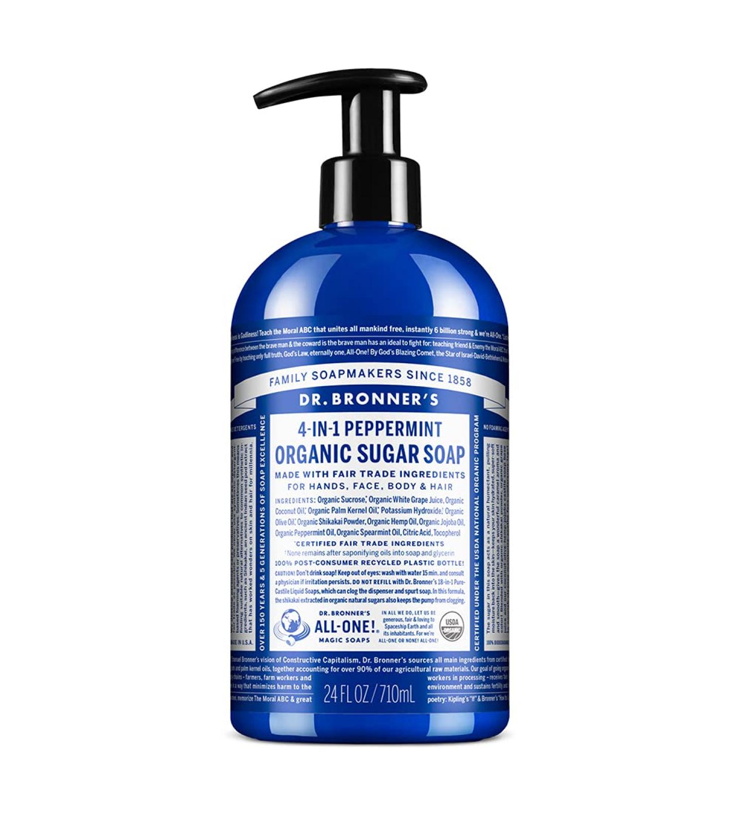 Dr. Bronner's Organic Sugar Soap (Peppermint 24oz) - 4-in-1 Vegan Formula for Hands, Body, Face, and Hair - Cleanses, Moisturizes, and Nourishes - Buy Online on SooperMarket.com