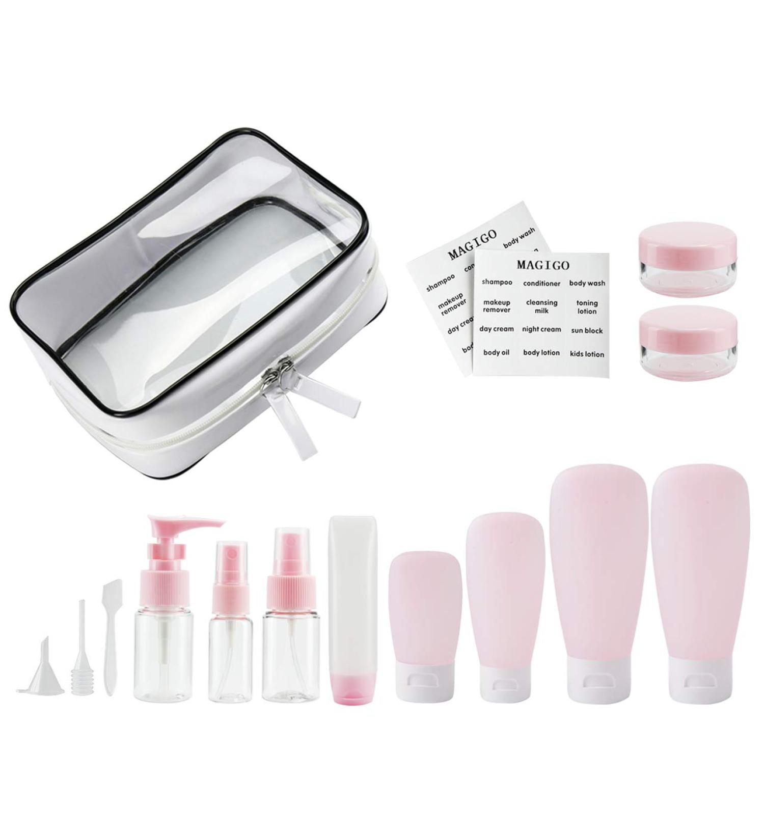 16 Pack MAGIGO Pink Toiletries Travel Bottle Set | TSA Approved Leak Proof Airline Carry-On for Women - Buy Online on SooperMarket.com