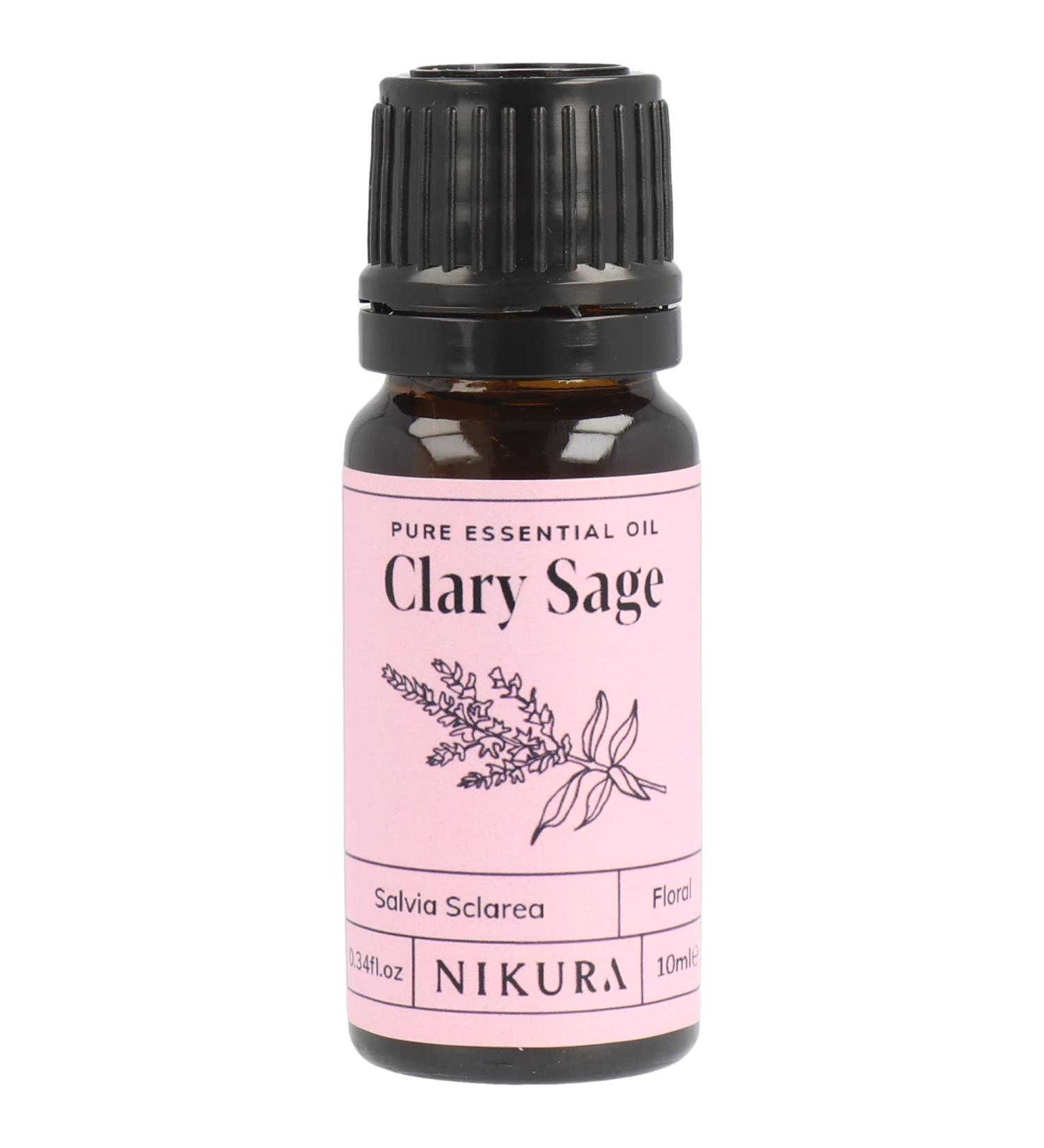 Nikura Clary Sage Essential Oil 10ml - 100% Pure Natural Oil for Aromatherapy - Self Care Stress Relief and Calming - Vegan & UK Made - Buy Online on SooperMarket.com