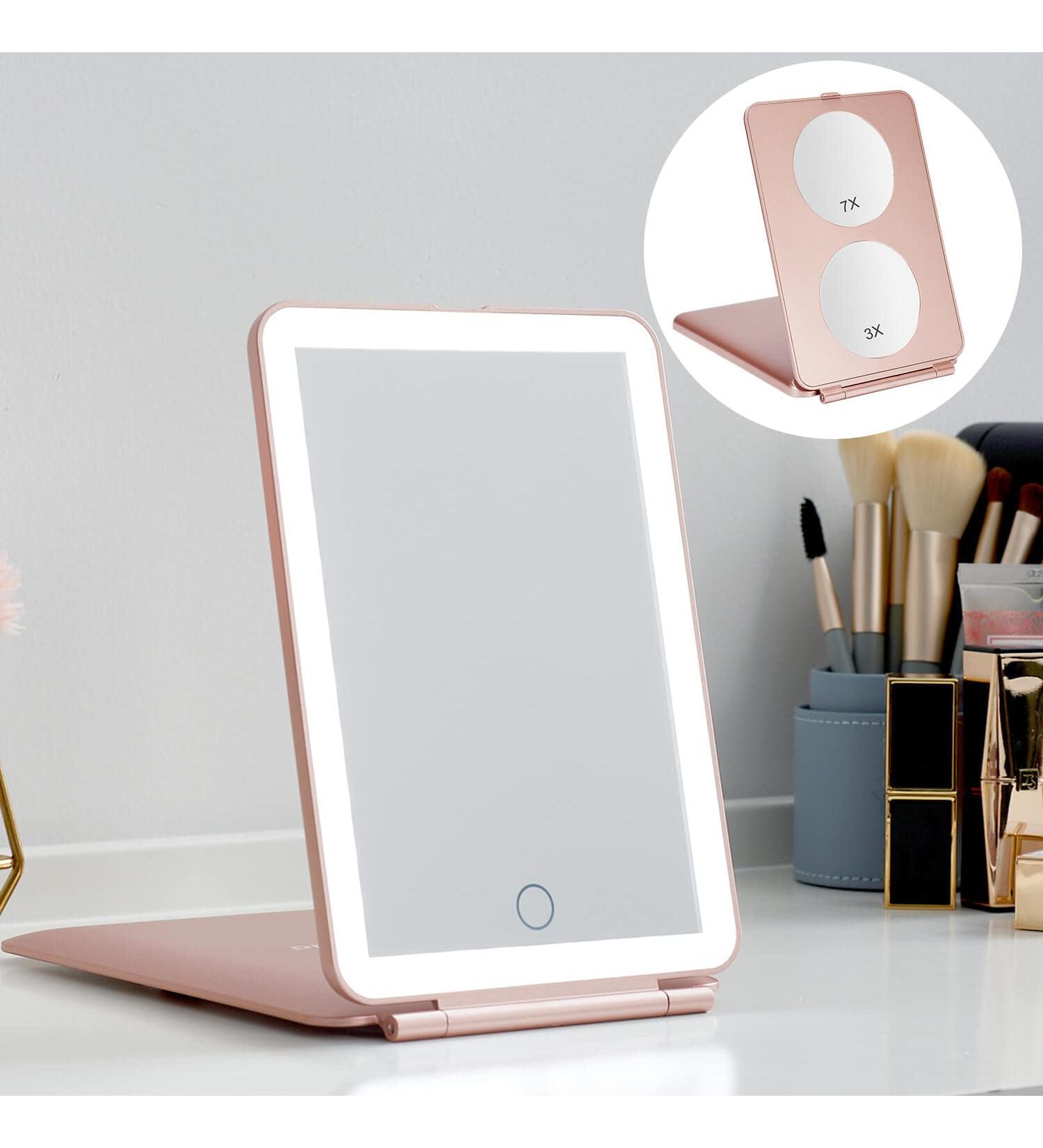LED Foldable Travel Makeup Mirror - 5x7 inches, 3 Color Light Modes, USB Rechargeable - Rose Gold - Buy Online on SooperMarket.com