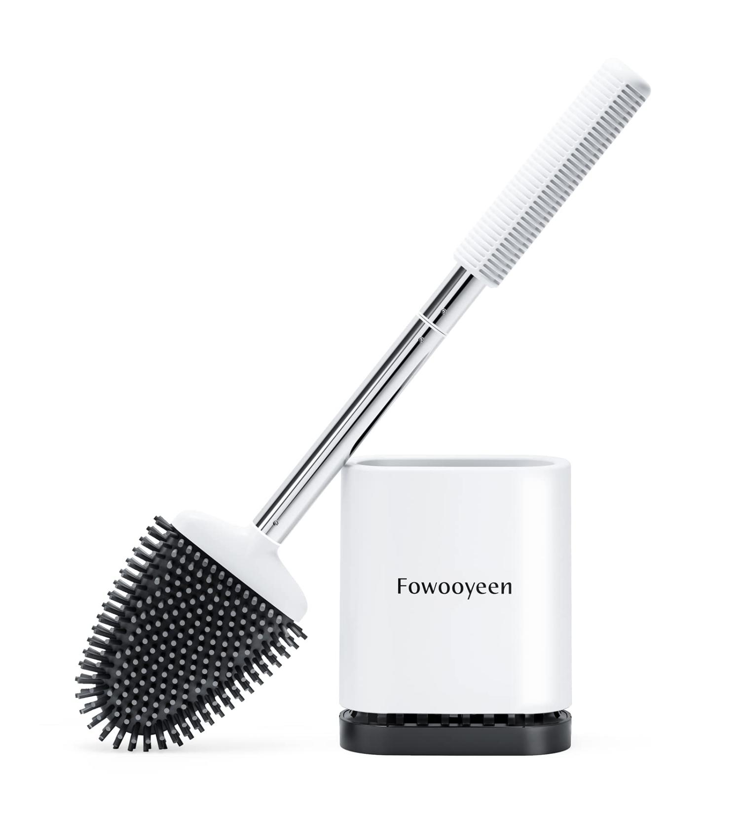 Fowooyeen Silicone Toilet Brush with Stainless Steel Handle - White Toilet Cleaning Brush Set with Ventilated Holder - 1 Pack - Buy Online on SooperMarket.com