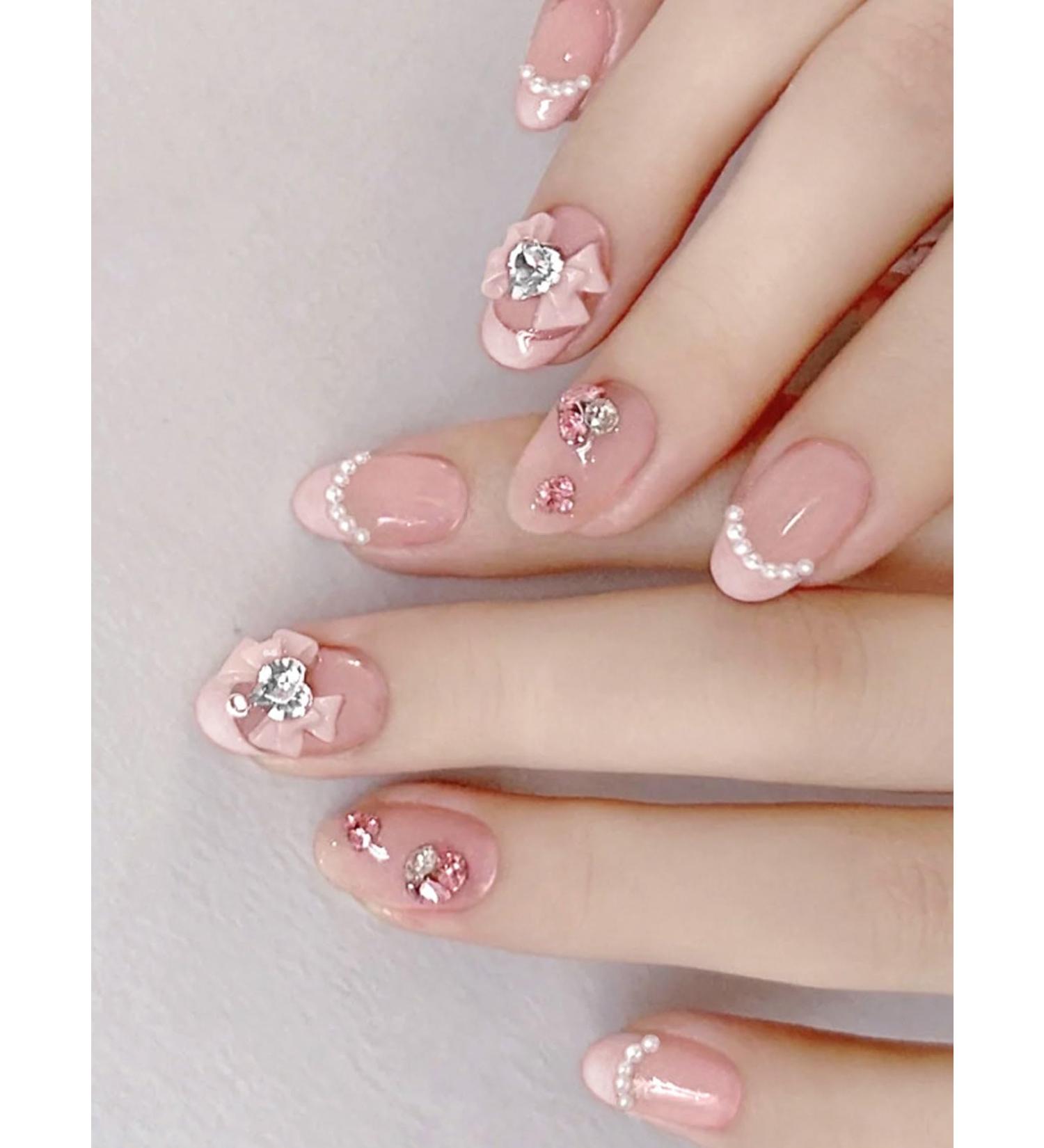 24pcs Pink Bow Oval Coffin Fake Nail Pink Bow 3D Press on Nails Pink Bow Oval Nails Luxurious Nails Acrylic Nails Fake Nails For Women Girls - Buy Online on SooperMarket.com