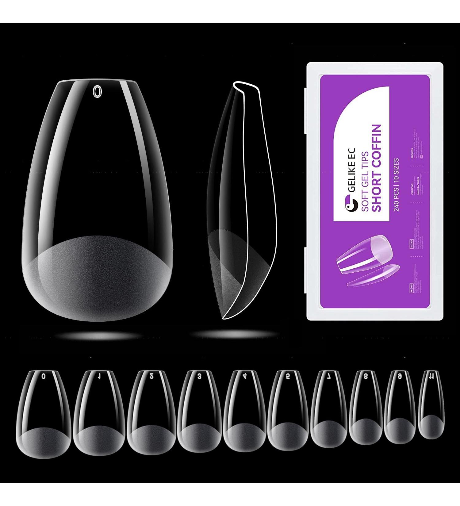 Gelike EC Short Coffin Nail Tips - 240PCS | Soft Gel Full Cover Nail Extensions | Pre Etched Clear False Nails | Press On Nails | 10 Sizes - PMMA Resin - Buy Online on SooperMarket.com