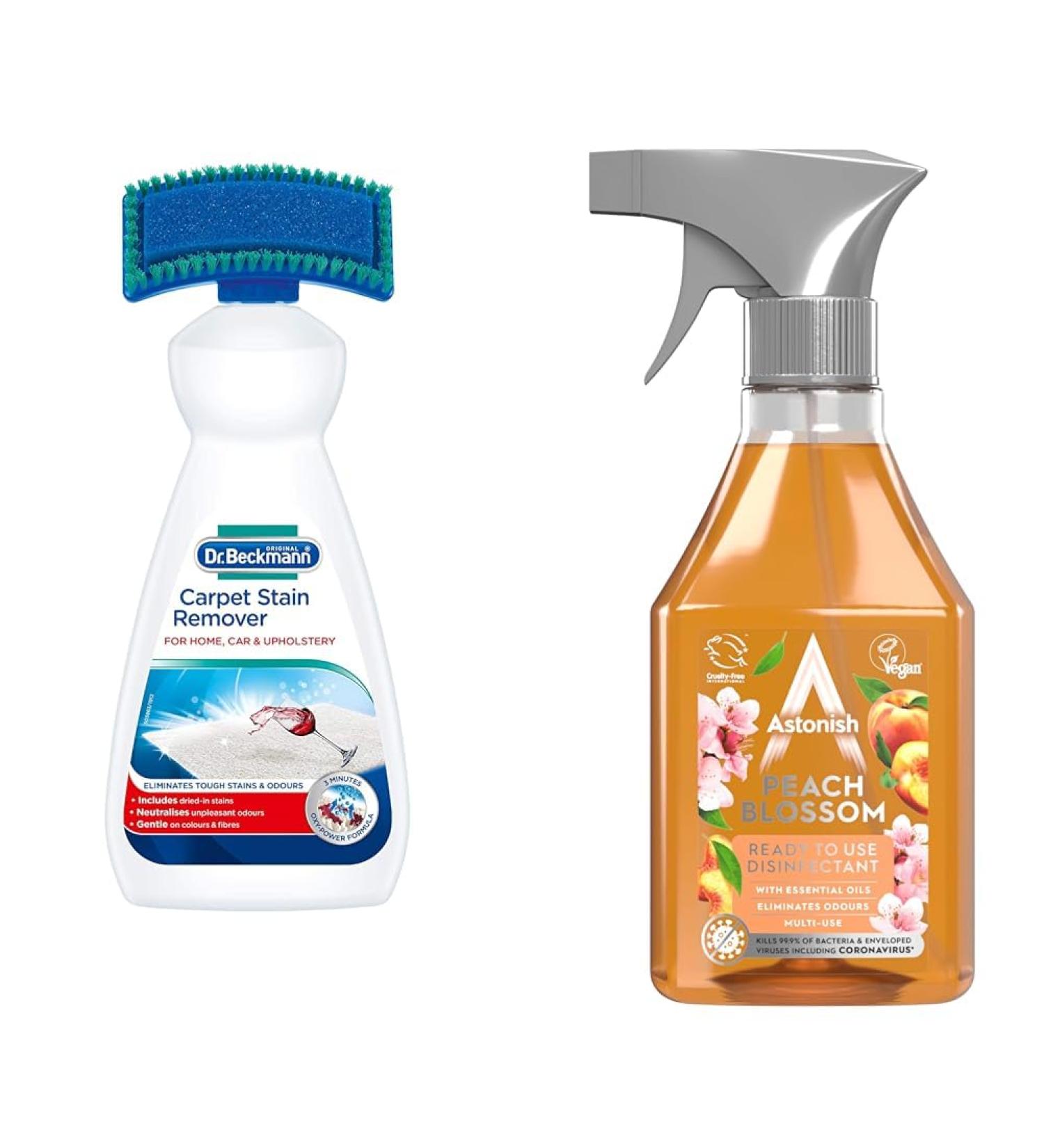 Dr. Beckmann Carpet Stain Remover | Removes New and Dried-in Stains | Includes Applicator Brush 650 ml & Astonish Peach Blossom Ready to Use Disinfectant Spray 550ml - Buy Online on SooperMarket.com