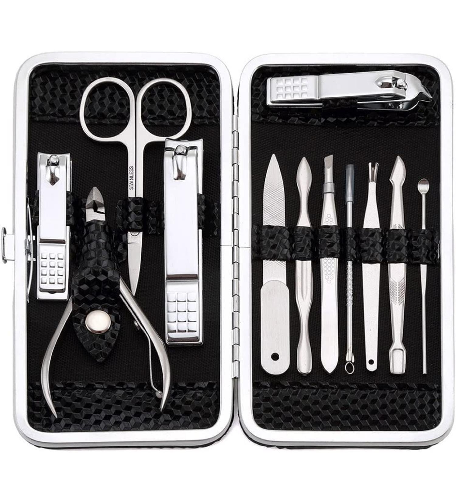 Professional 12-Piece Manicure & Pedicure Set | Stainless Steel Nail Clipper Kit | Travel Grooming Tools - Black - Buy Online on SooperMarket.com