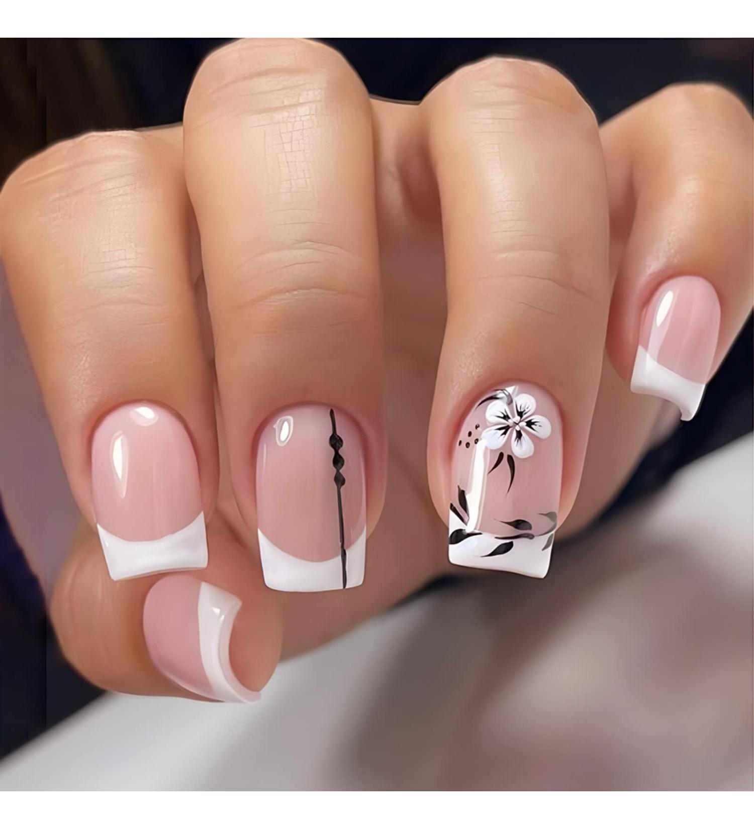 Justotry 24 Pcs Square White French Flower Press on Nails with Leaf Pattern - Medium Glossy Squoval Fake Nails for Women | Nail Glue Included - Buy Online on SooperMarket.com