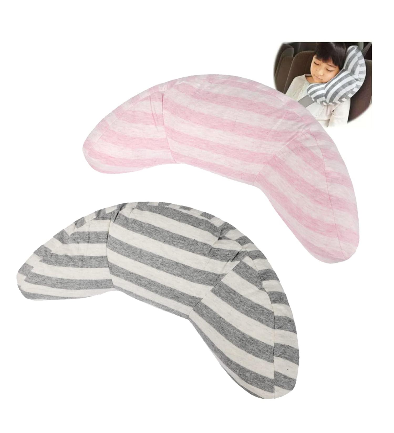 Kids Car Seat Belt Cover Set - Soft Shoulder Pad for Safety & Comfort | Travel Pillow & Neck Support | Universal Fit for Boys & Girls | 1pc Grey Stripe + 1pc Pink Stripe - Buy Online on SooperMarket.com