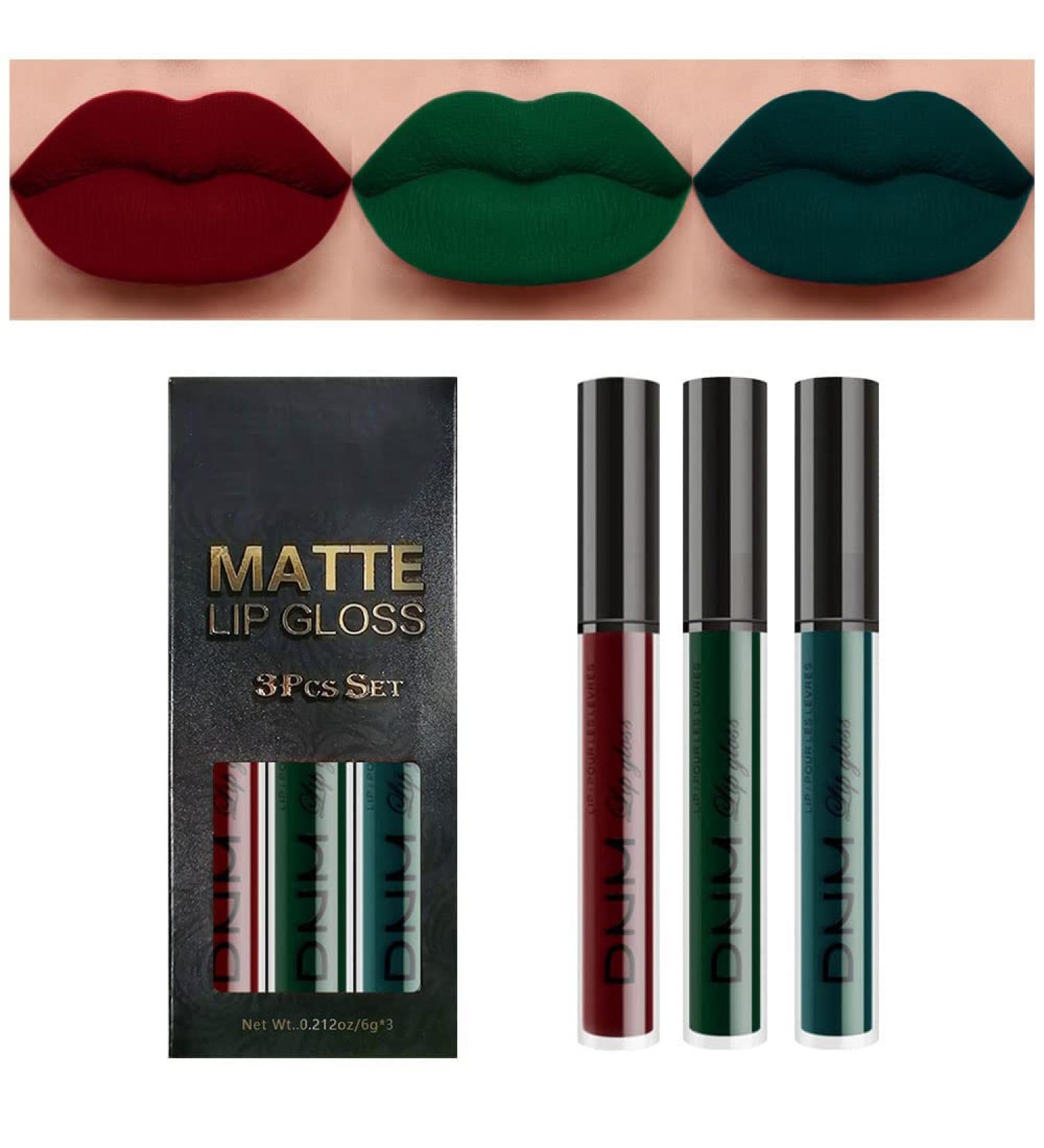 3Pcs Dark Green Army Green Cherry Red Matte Lipstick Lip Stain Set - Long Lasting & Waterproof Lipstick Set (Set08) - Buy Online on SooperMarket.com