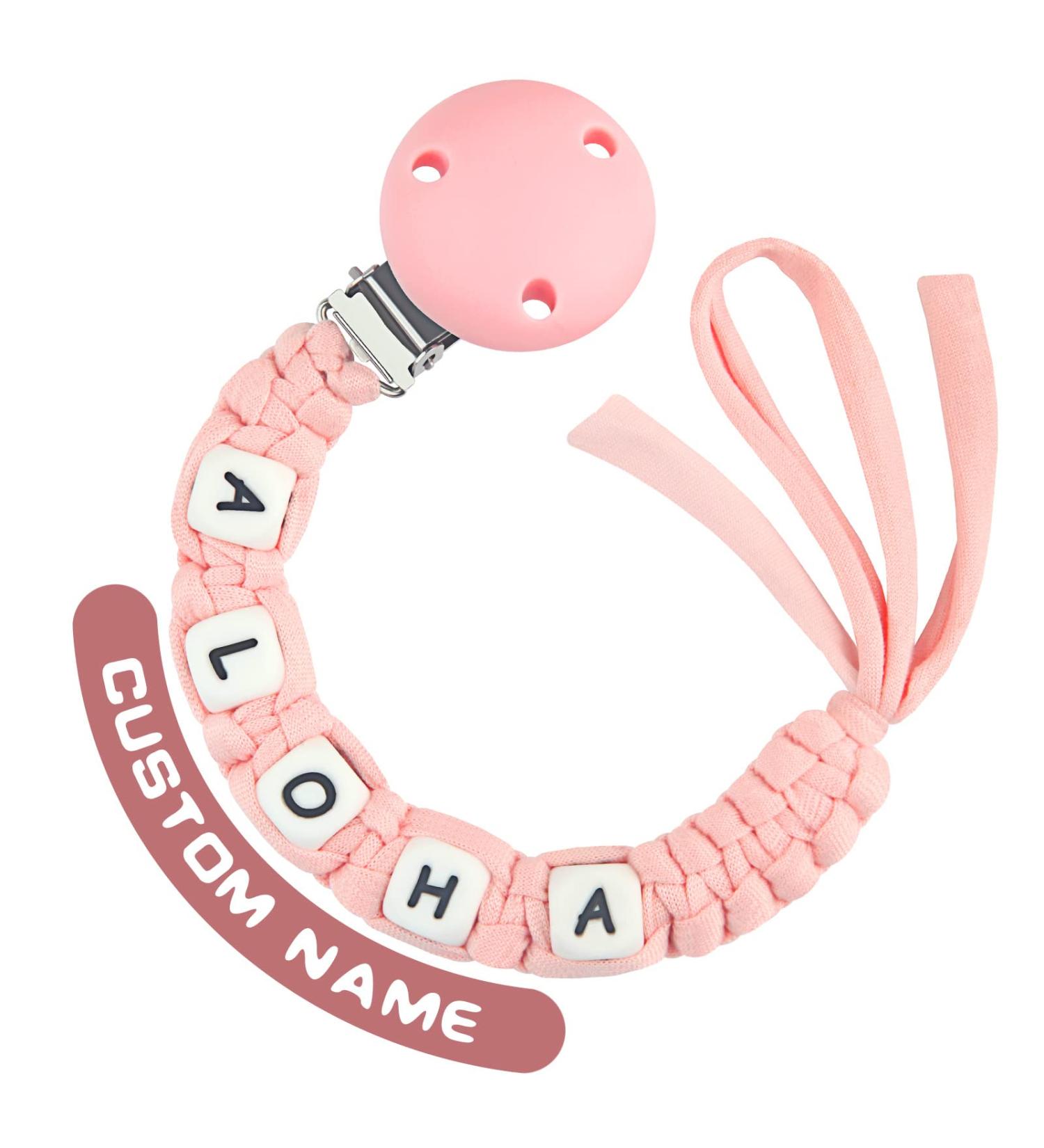 Kowlone pacifier chain cotton with names boys girl personalized braided pacifier chains clips for baby newborn (pink) a: pink