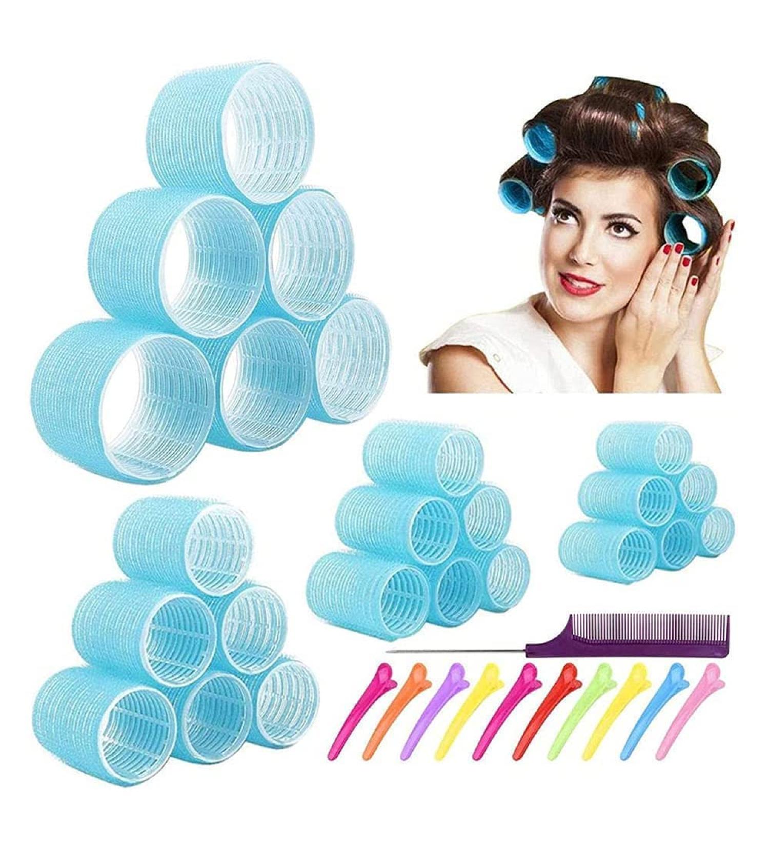 Jumbo Hair Rollers Set Self Grip Curlers For Long Hair No Heat Heatless Hair Rollers With Clips & Comb 24 Packs (Blue 24Pcs) - Buy Online on SooperMarket.com