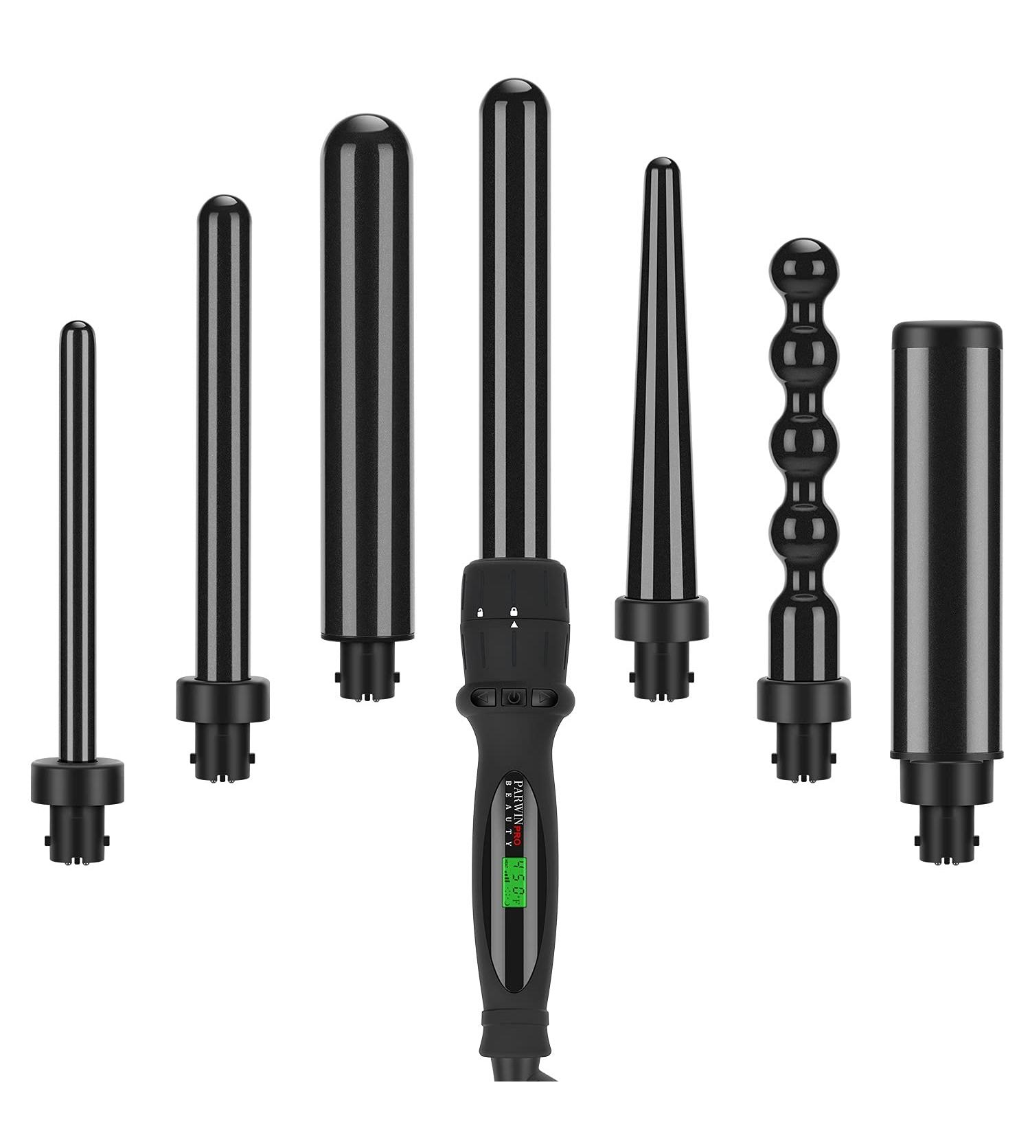 PARWIN PRO BEAUTY 7 in 1 Curling Iron Set - Interchangeable Barrels Dual Voltage Tourmaline Ceramic LCD Display - Heat Resistant Glove Included - Buy Online on SooperMarket.com