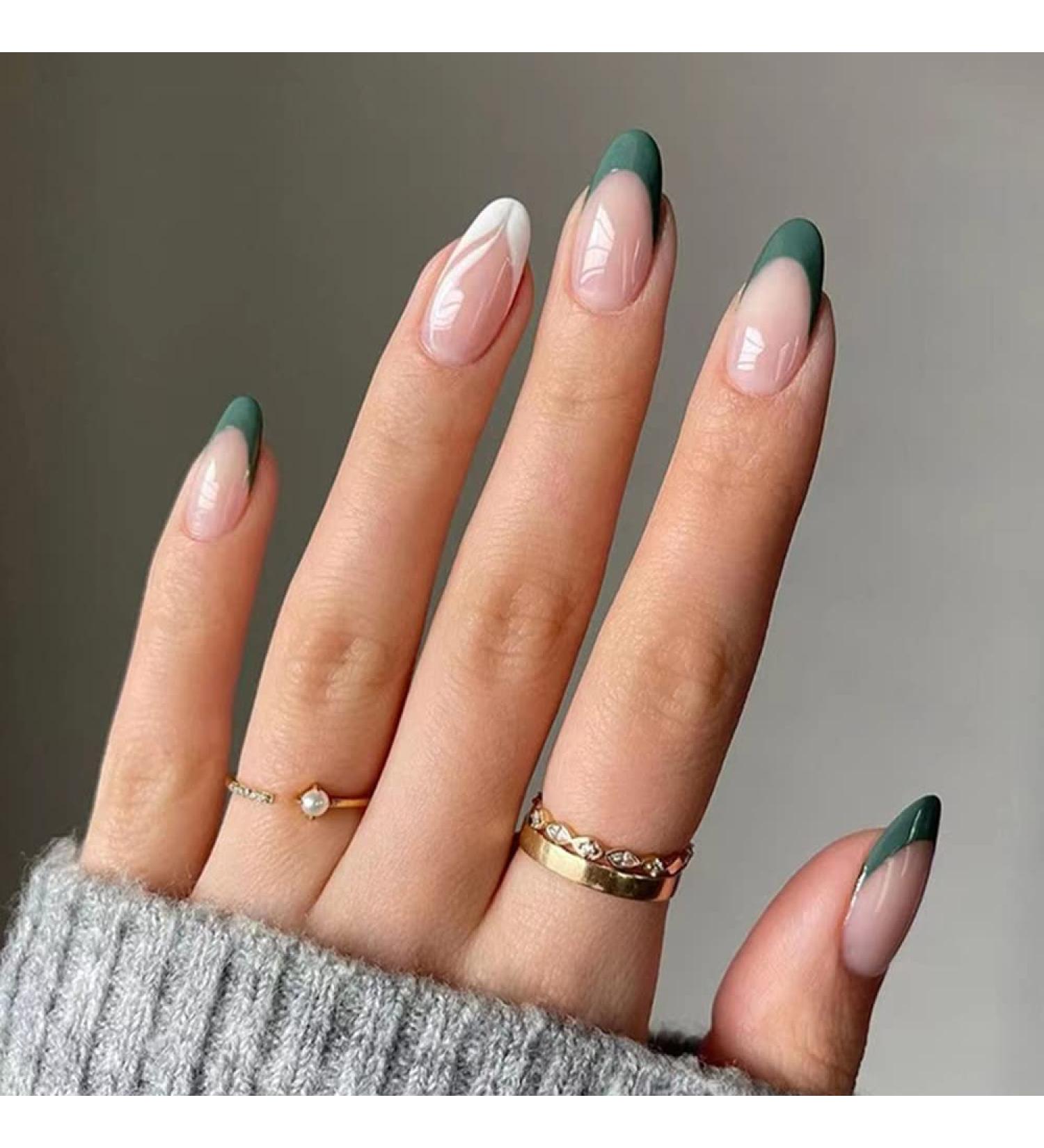 24Pc Short Glossy Almond Design Press on Nails - French Green False Nails Kit with Glue - Oval Green White Nail Tips - Buy Online on SooperMarket.com