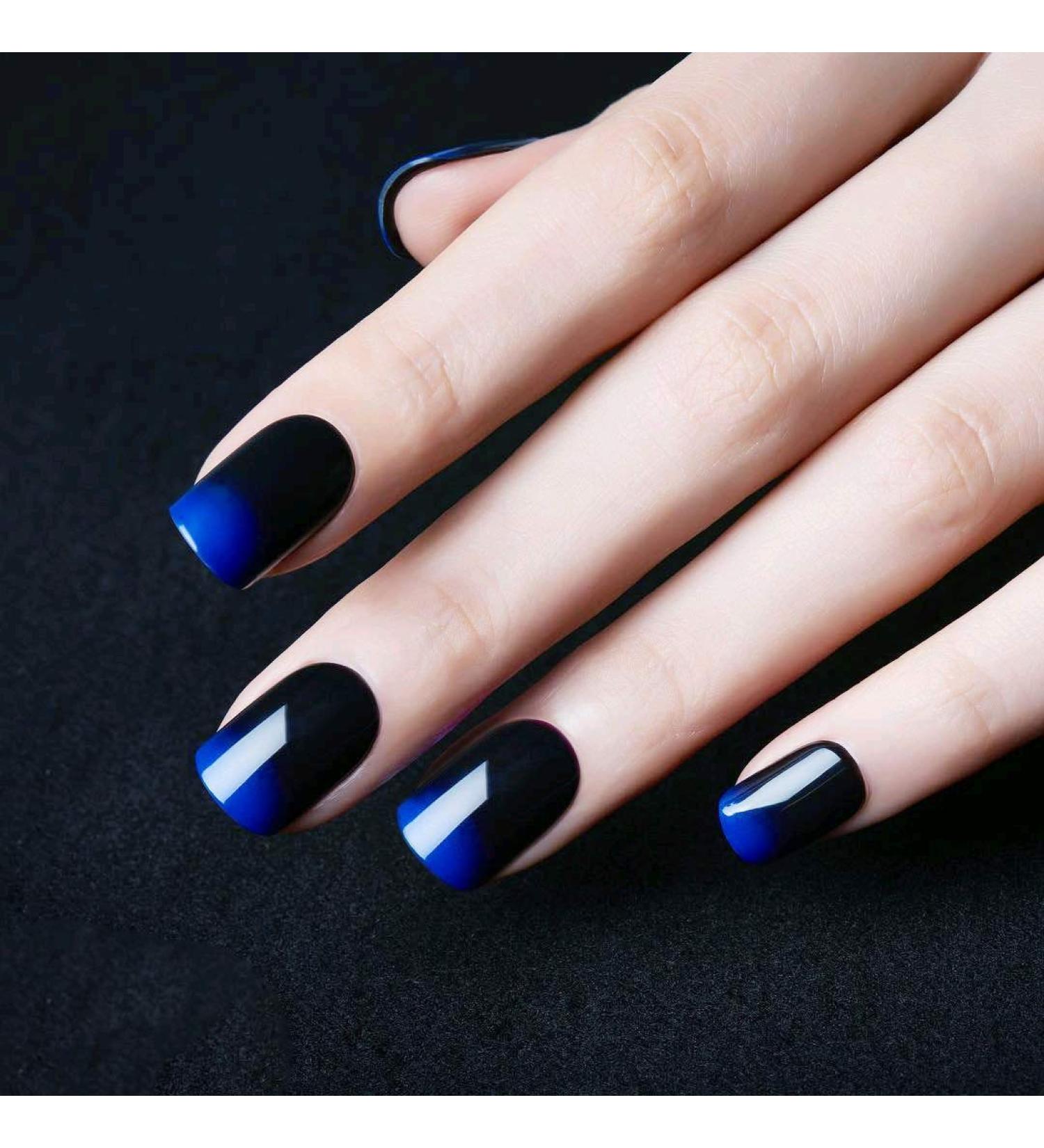 Siusio 24-Piece Black Gradient Artificial Nails Set - Full Cover Short Gel-Art with Royal Blue Jewelry Top Coat for Women & Girls - Buy Online on SooperMarket.com