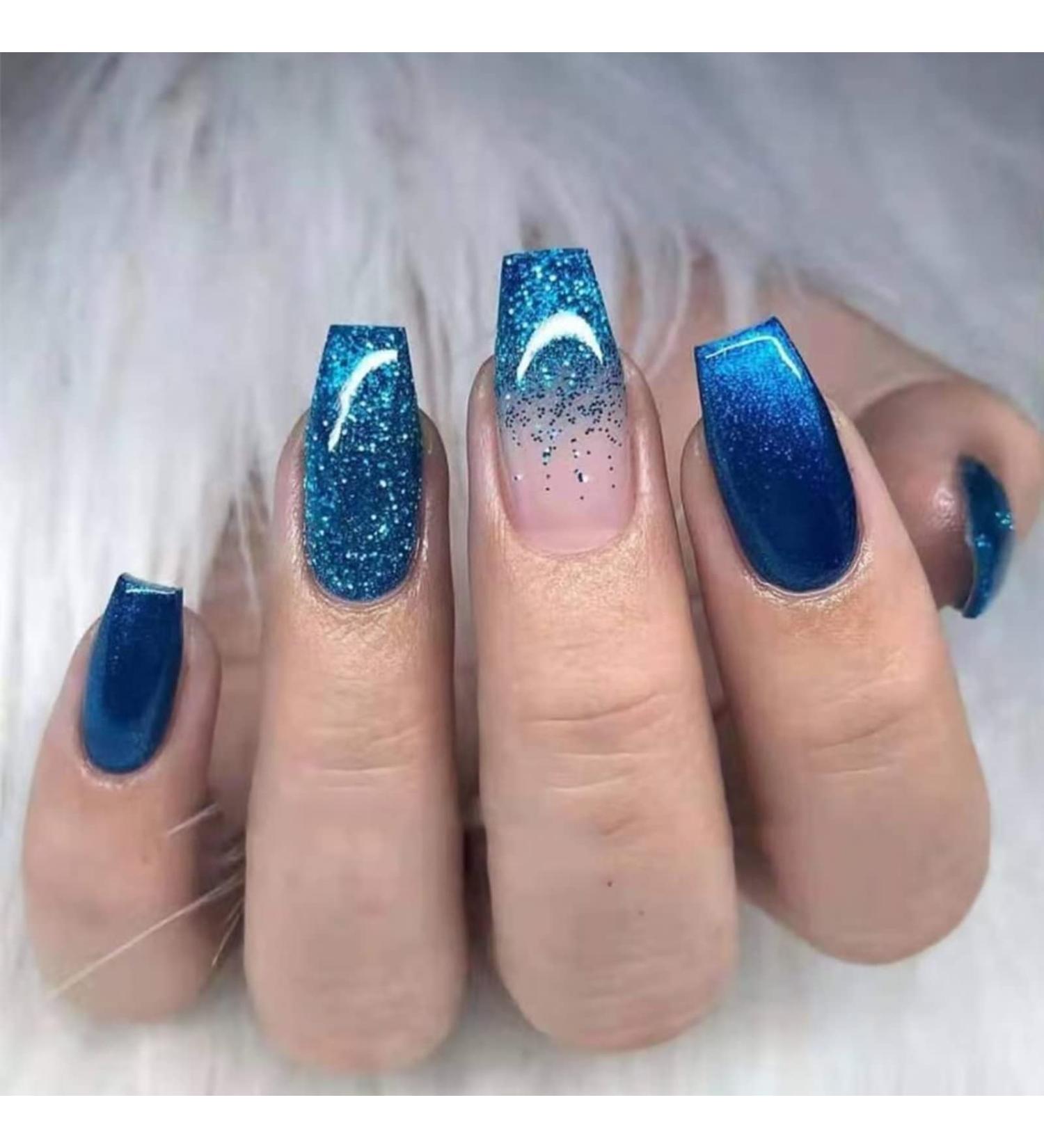 Blue Sequin Press On Nails Medium for Women - Full Cover Tips for Salon Perfect Manicure - Buy Online on SooperMarket.com
