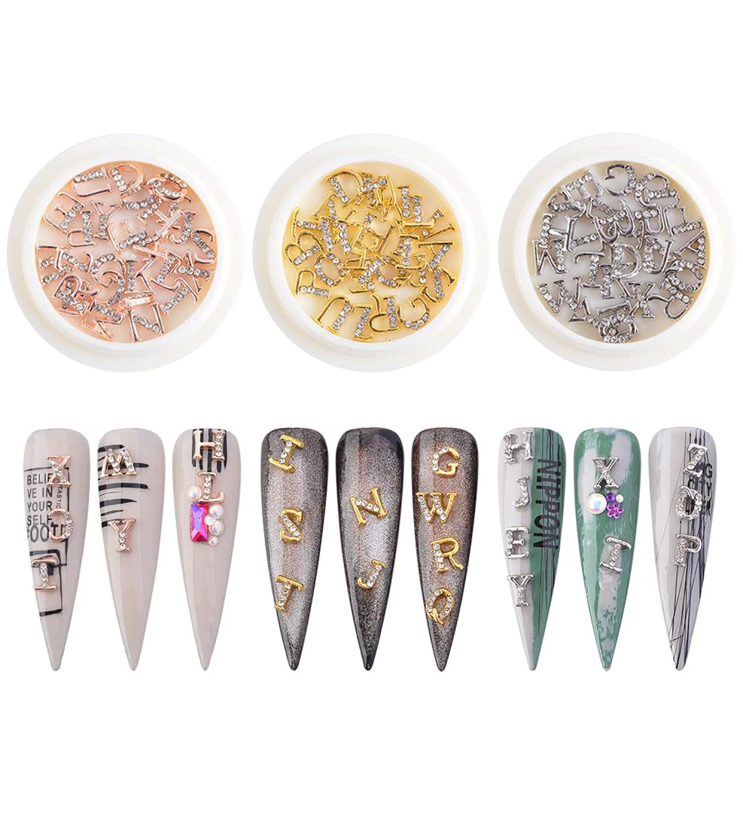 Weilisu Rhinestone Letters Nail Studs - Gold, Silver, Rose Gold | 3D Capital Rhinestone English Alphabet Charm for DIY Manicure Nails - Buy Online on SooperMarket.com