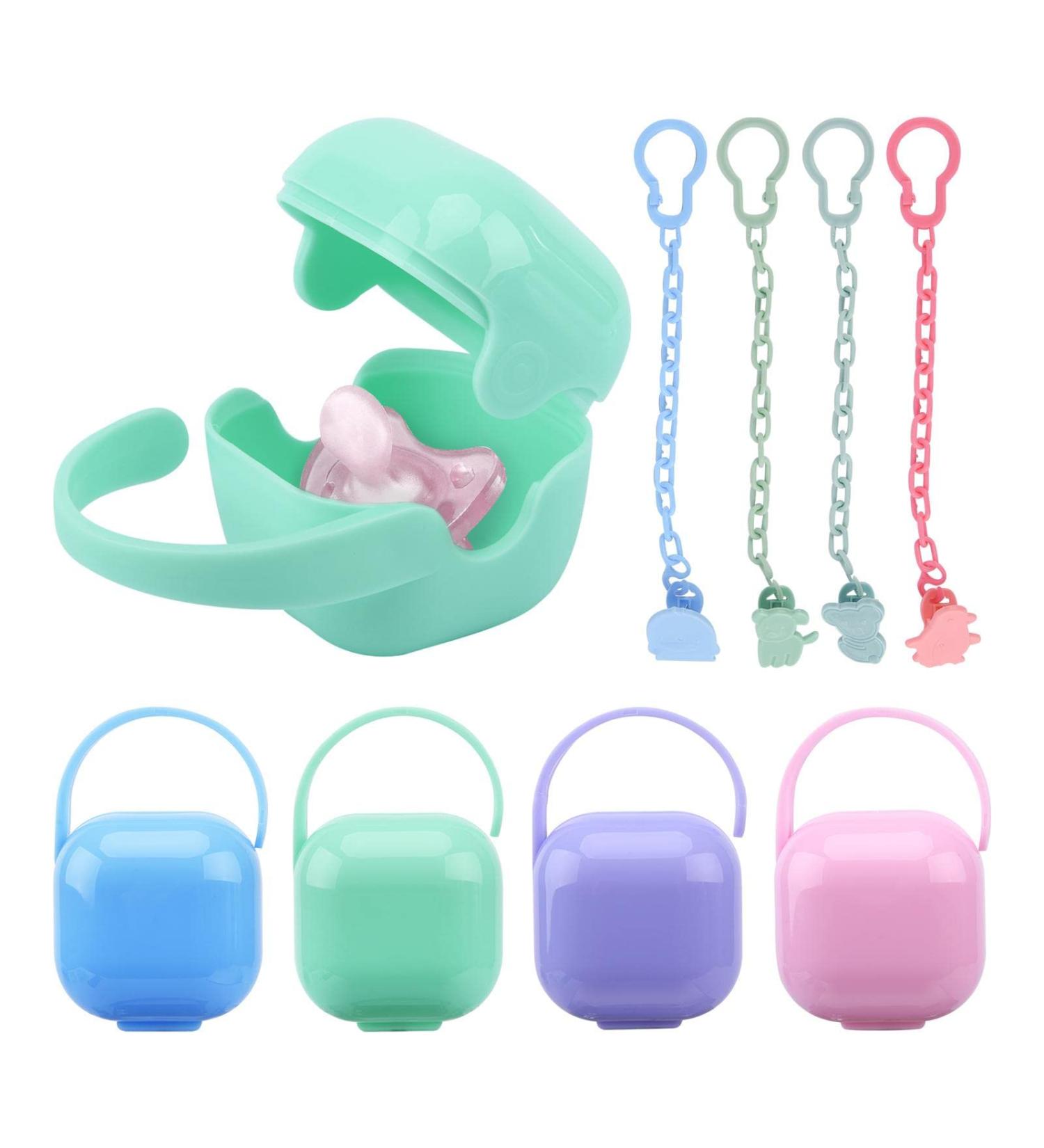 Beiyoule 4 Pack Pacifier Case and Leash Set - Heat Resistant, Sealed Holder (Blue, Pink, Green, Purple) - Buy Online on SooperMarket.com