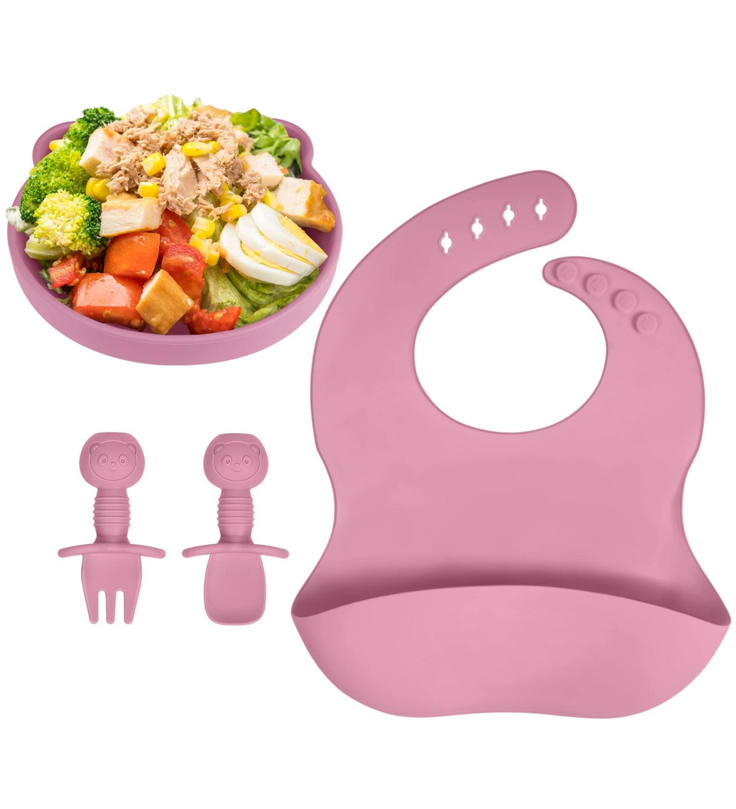 Vicloon Baby Weaning Set - 4 Pcs Silicone Feeding Set | BPA Free Suction Plate, Bib, Spoon & Fork | Toddlers & Kids Plates | Pink Bear Design - Buy Online on SooperMarket.com