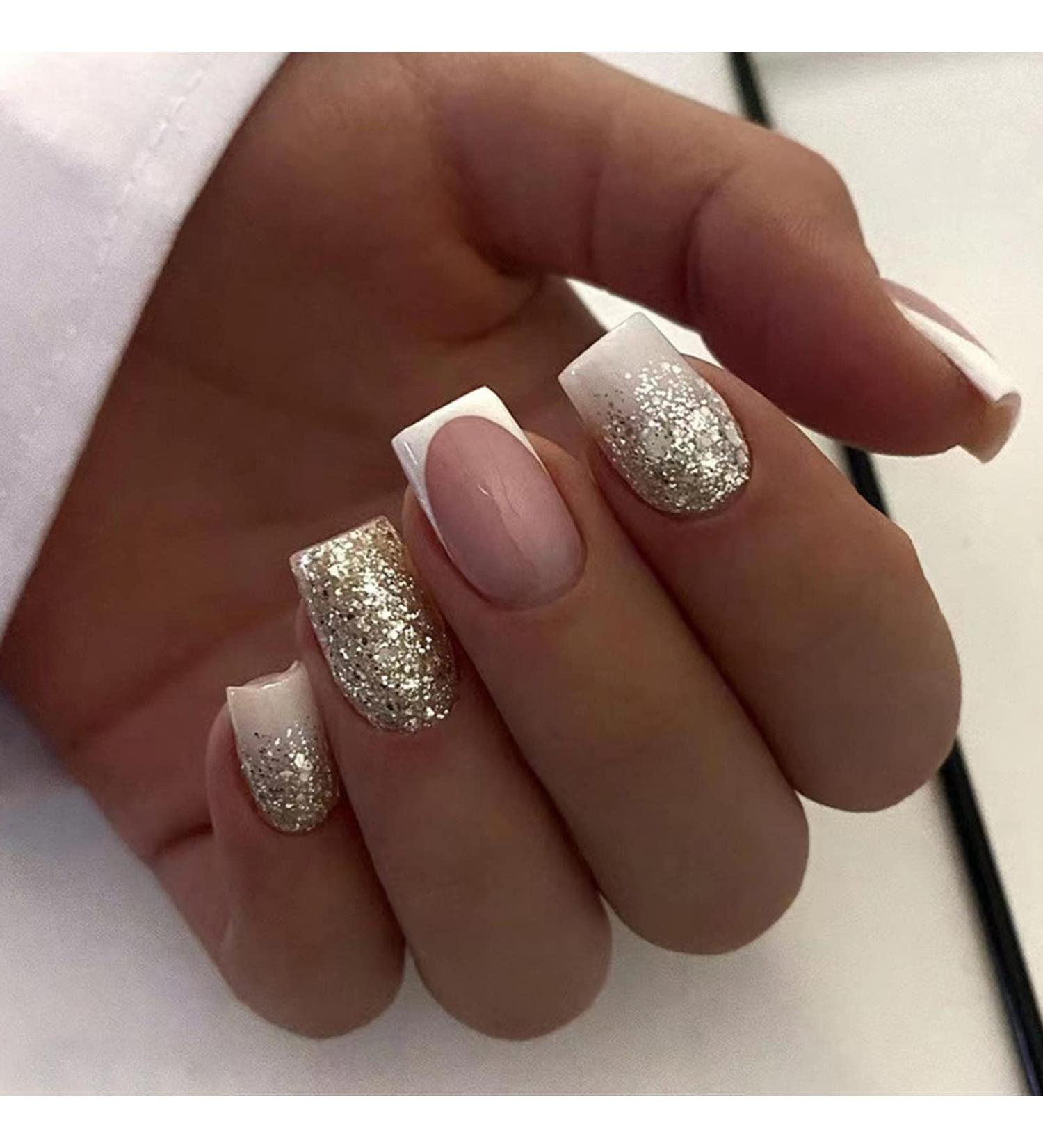 Glitter Acrylic French Tip Press On Nails - Square False Nails with Cute Designs - Medium White Full Cover Stick On Nails for Women - Manicure Decoration - Style 6 - Buy Online on SooperMarket.com