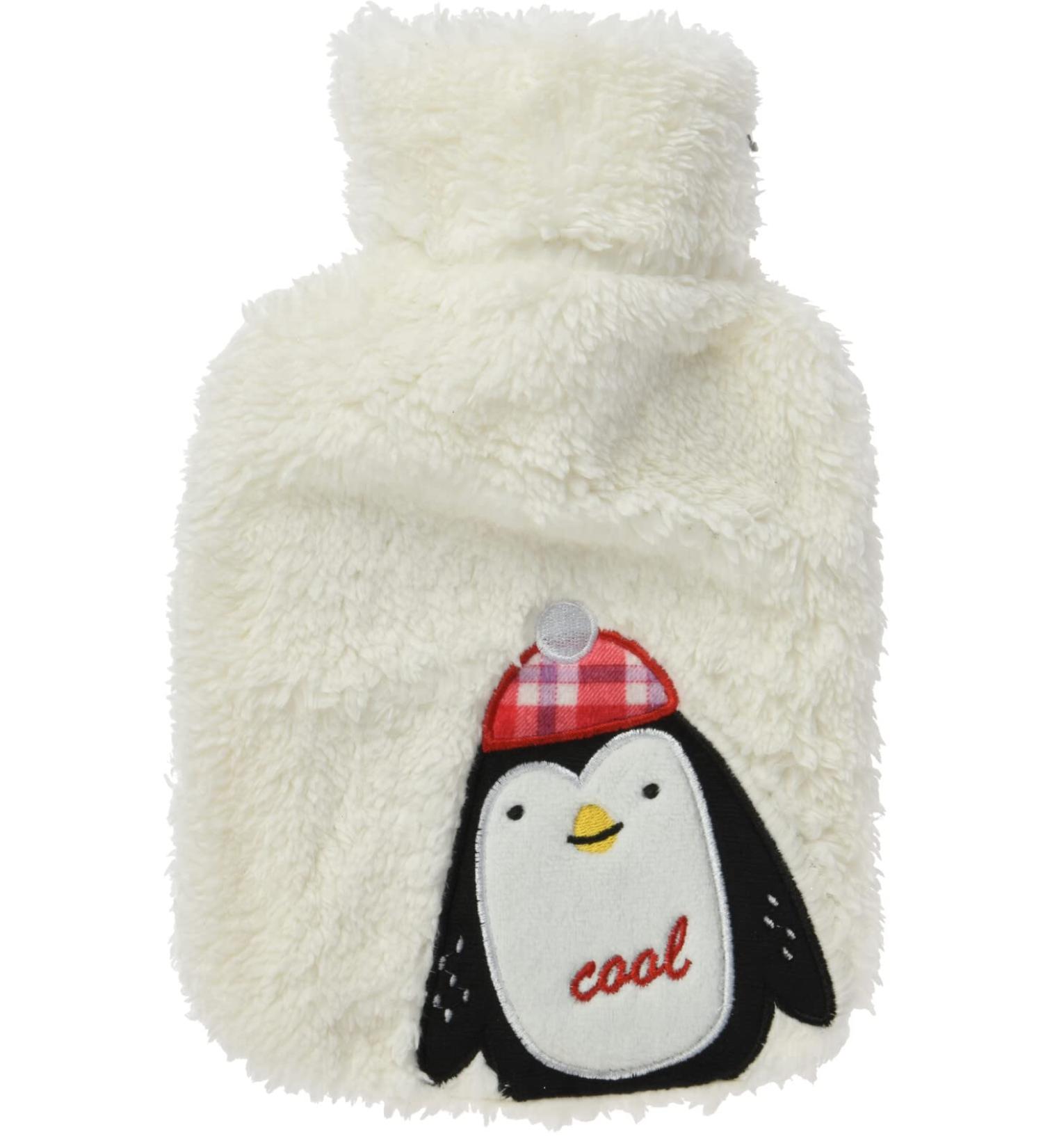 Hot water bottle with fluffy soft plush cover and cute animal motif embroidery 28 x 18 cm 0.85 litres (penguin)