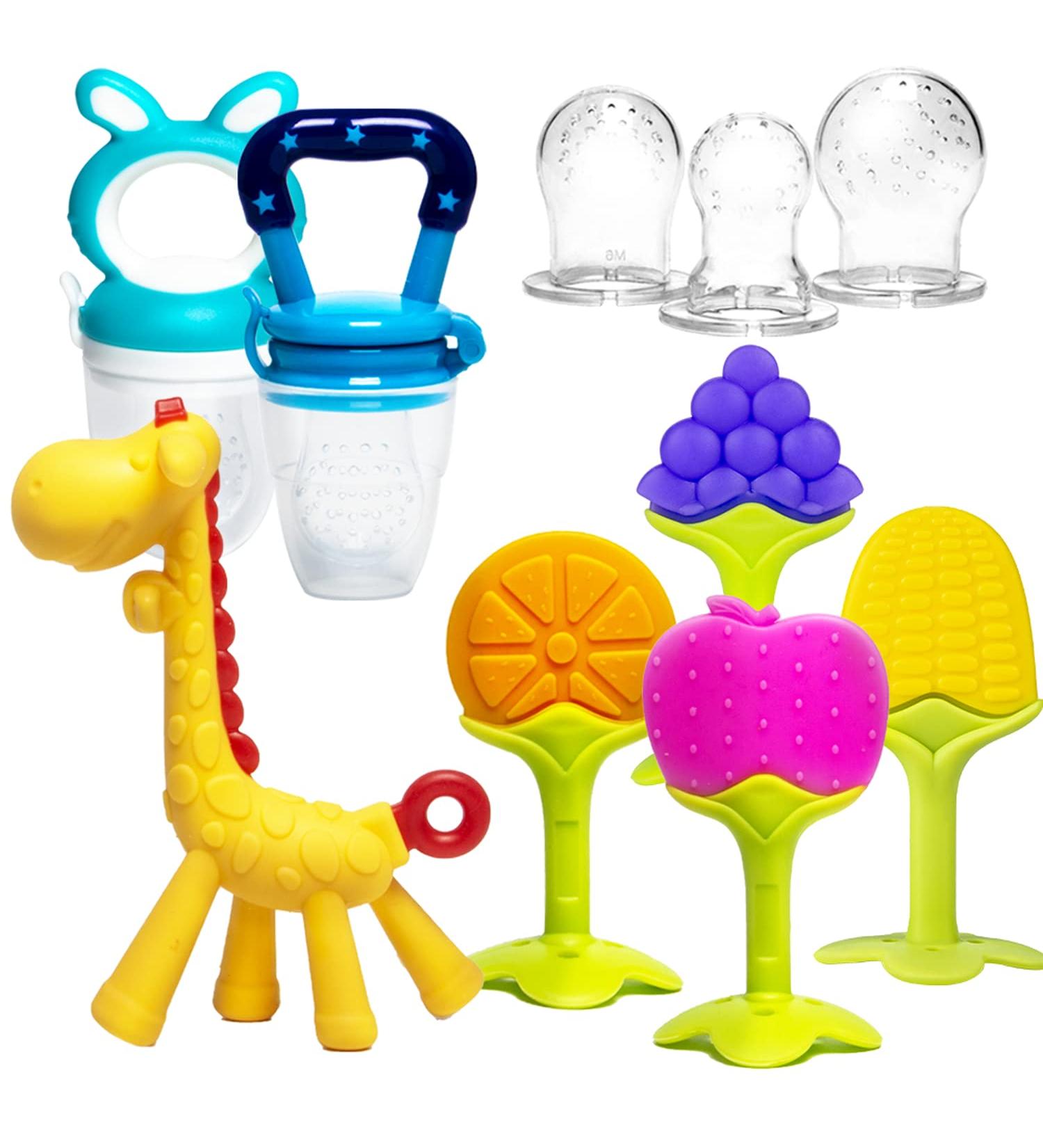 HONGTEYA Teething Toys 6 Pack for Babies 0-12 Months | BPA-Free Silicone Teethers & Fruit Feeders Set (Blue) - Buy Online on SooperMarket.com