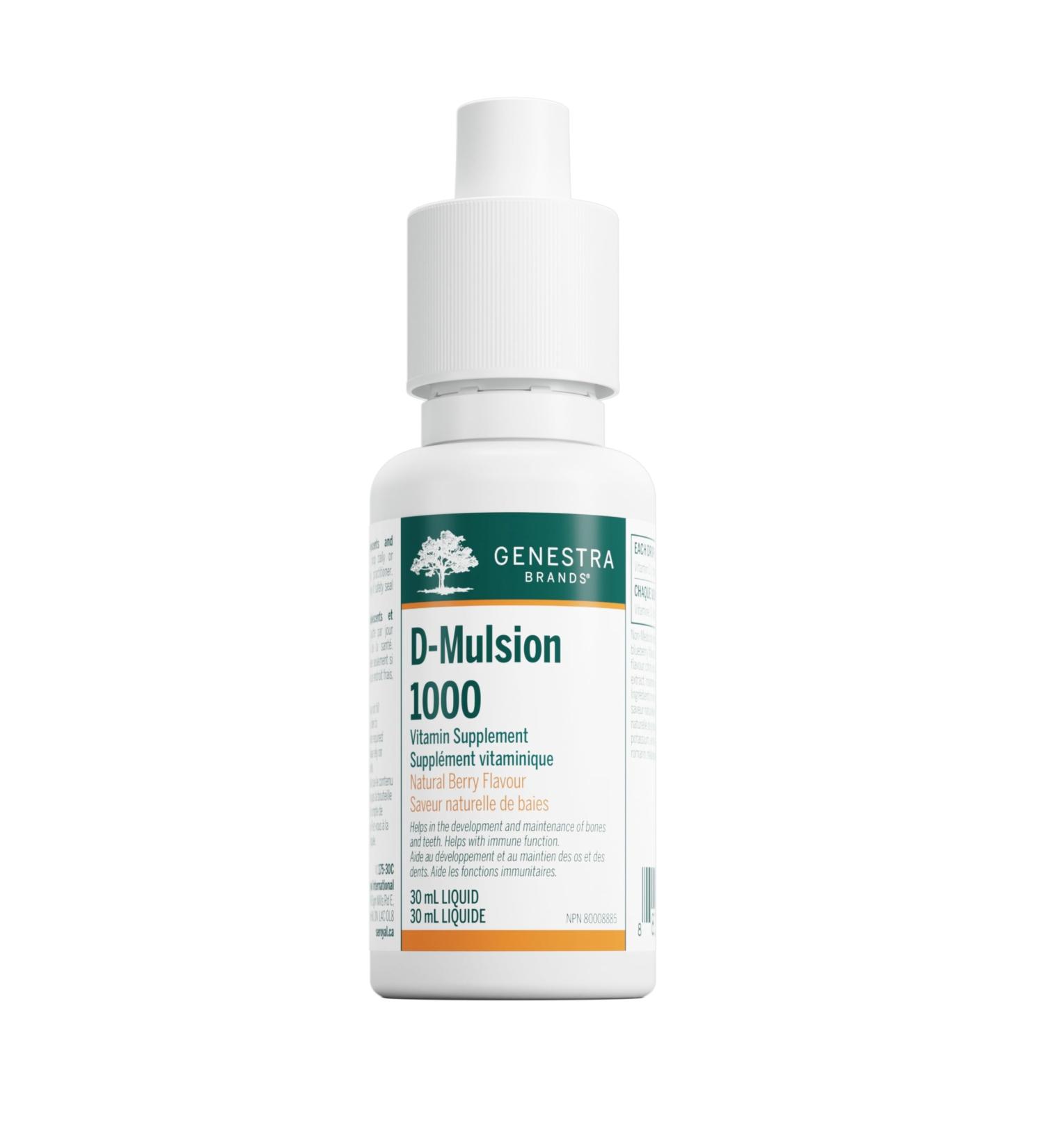 Genestra Brands D-Mulsion 1000 IU - Liquid Vitamin D3 - For Healthy Bones & Teeth - Immune Function Support - Non-GMO Gluten Free & Dairy Free - 30 mL - Natural Berry Flavour - Buy Online on SooperMarket.com