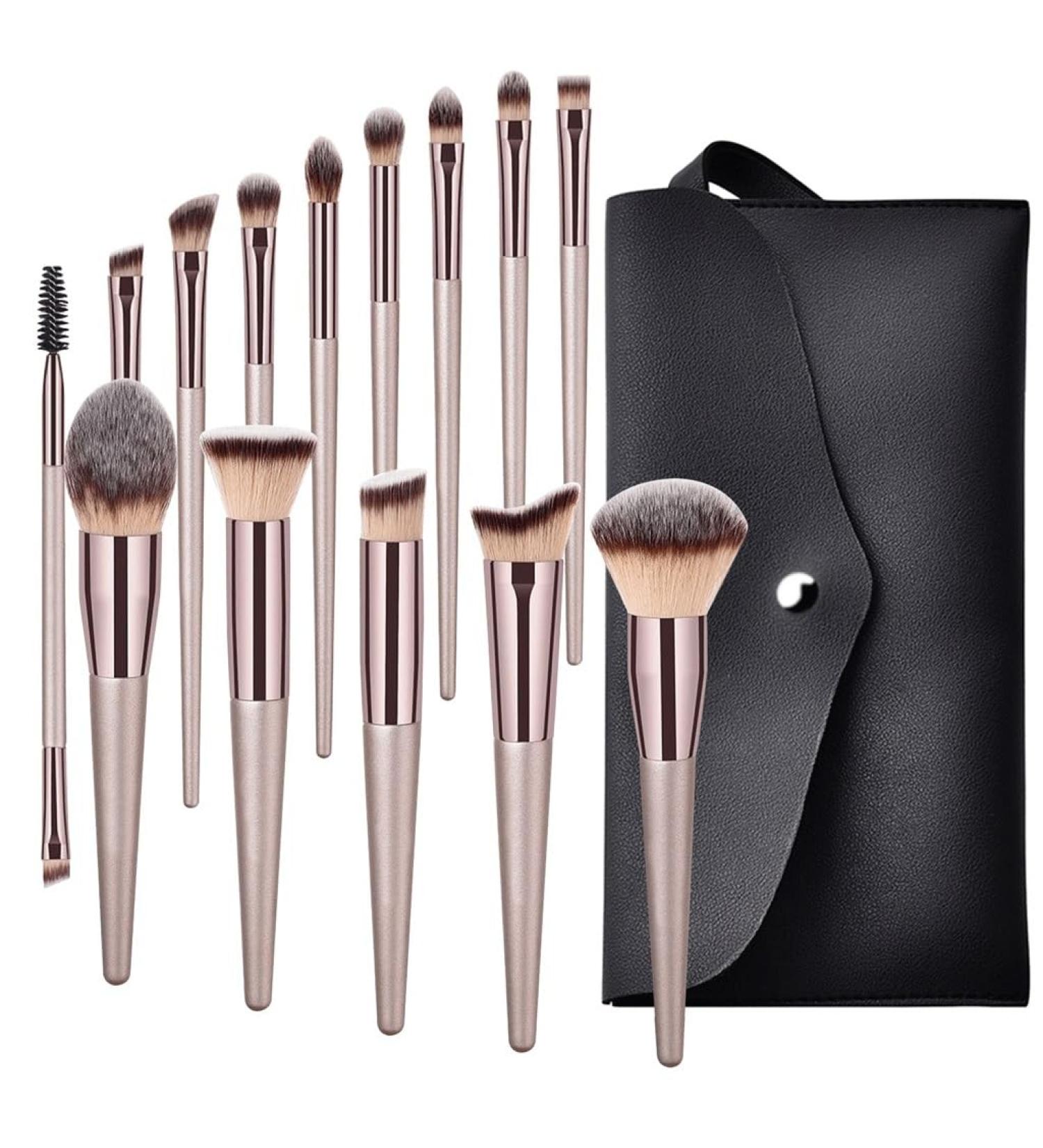 14-Piece Champagne Gold Makeup Brush Set - Premium Wood Handle Beauty Tools for Foundation & Eye Shadow - Buy Online on SooperMarket.com