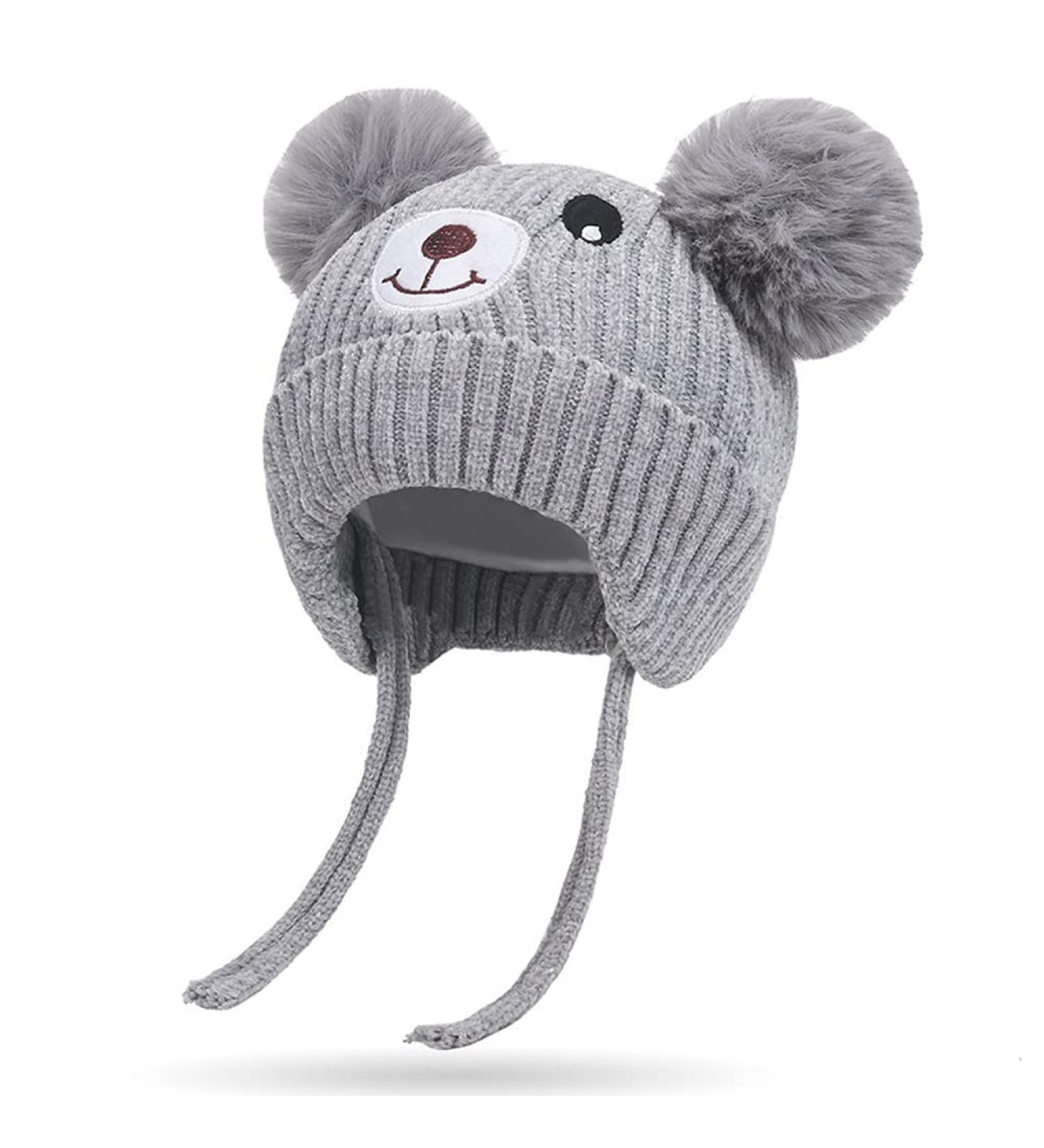 Cute Bear Kids Winter Hat | Dual Pom-Pom Chenille Knitted Warm Hat for Boys & Girls | Fleece Lined Earflap Cap for Toddlers 1-5 Years - Grey - Buy Online on SooperMarket.com