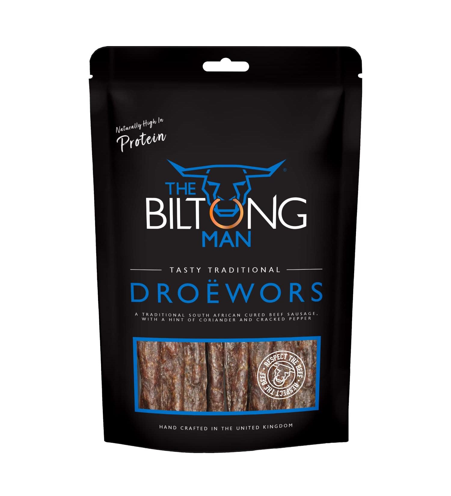 The Biltong Man Droewors Sticks - High Protein Keto-Friendly South African Beef Sausage 500g - Buy Online on SooperMarket.com