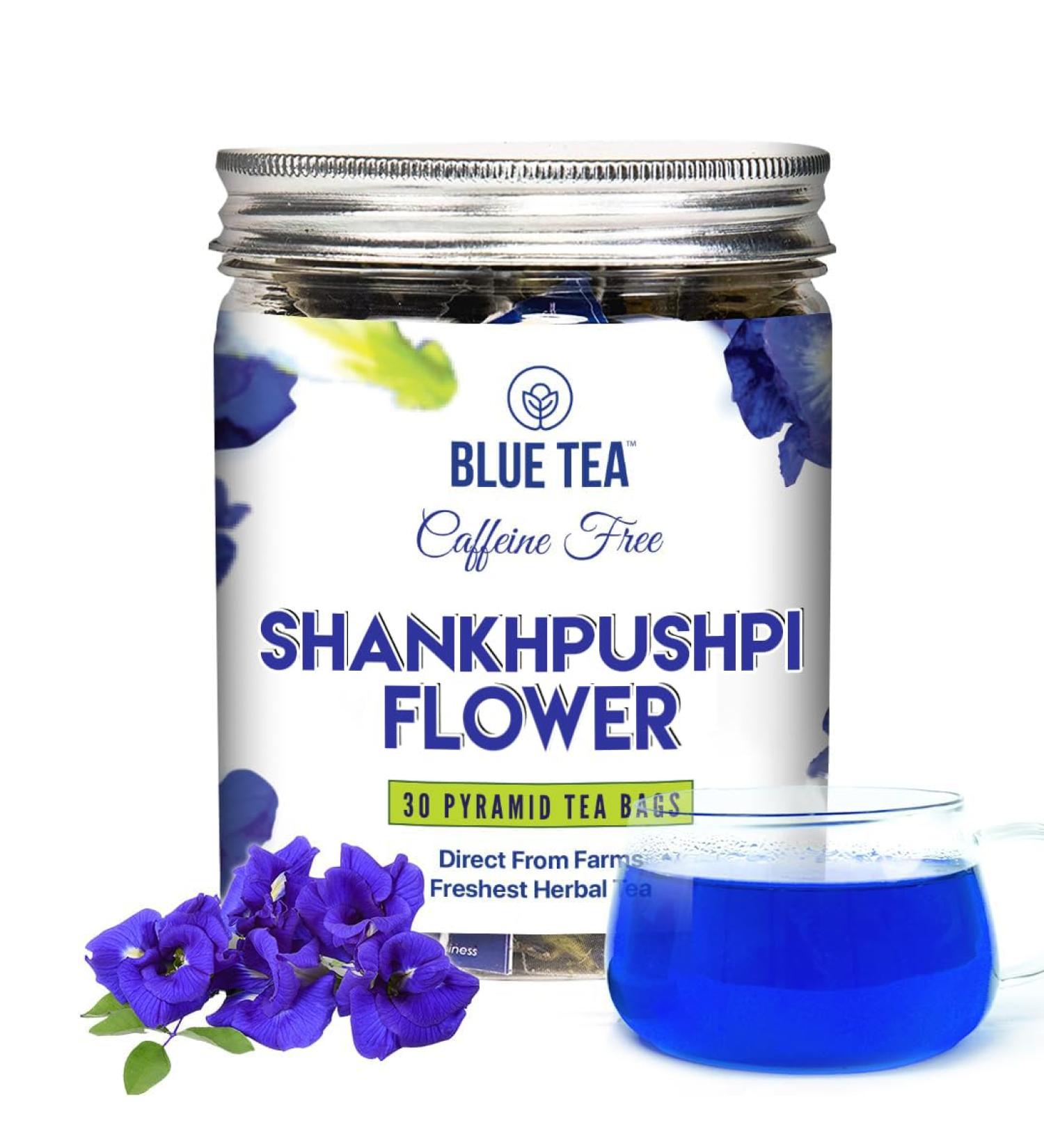 BLUE TEA - Shankhpushpi Flower - 30 Pyramid Tea Bags | For Food Iced Tea Cooler Cocktails Mocktails | Caffeine Free Herbal Tea l Gluten Free NON-GMO|Premium Pet Jar| - Buy Online on SooperMarket.com