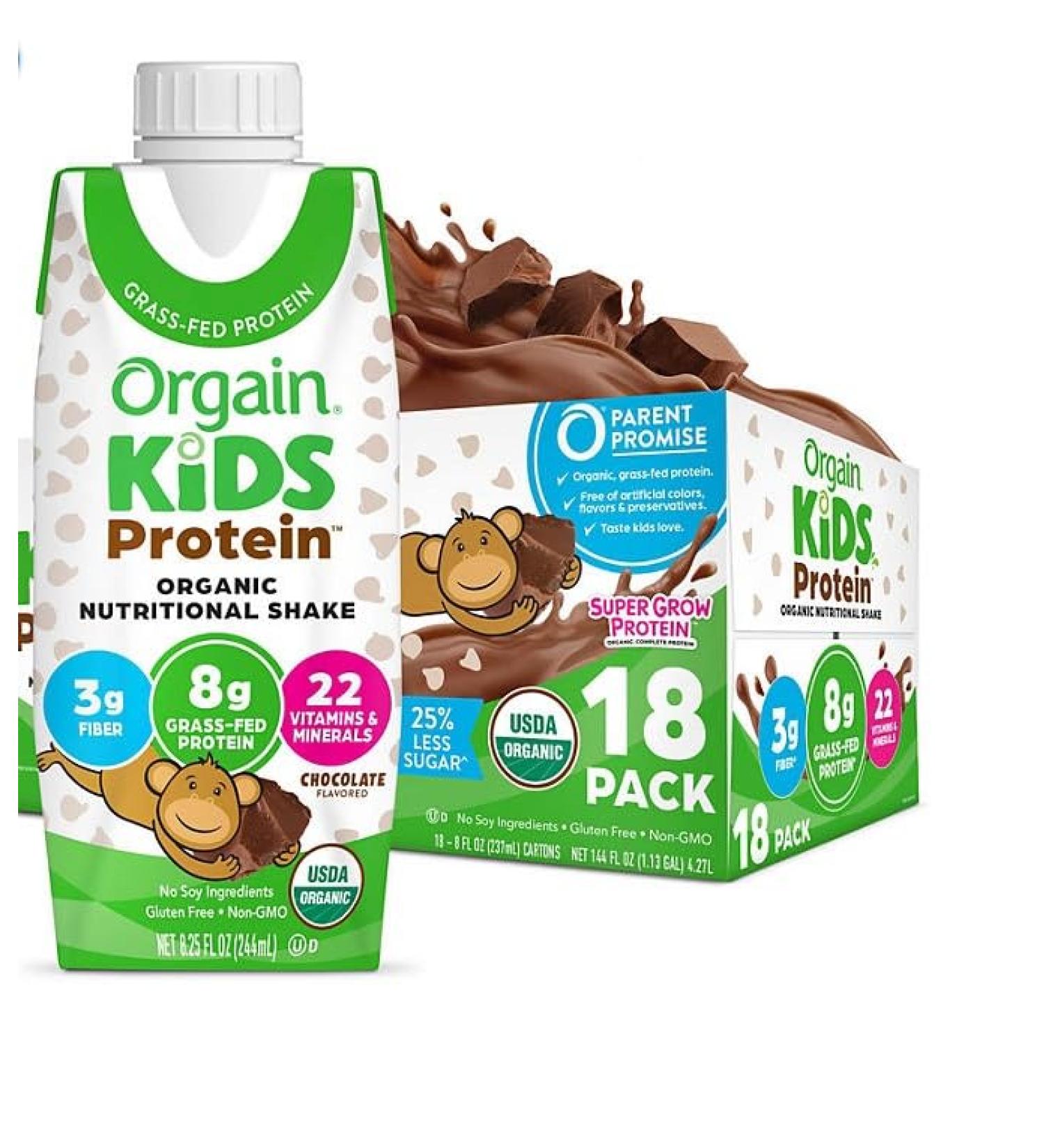 Orgain Kids Organic Grass Fed 8g Protein Nutritional Shake Chocolate 8.25 fl. oz. 244ml x 18 pk. - Buy Online on SooperMarket.com
