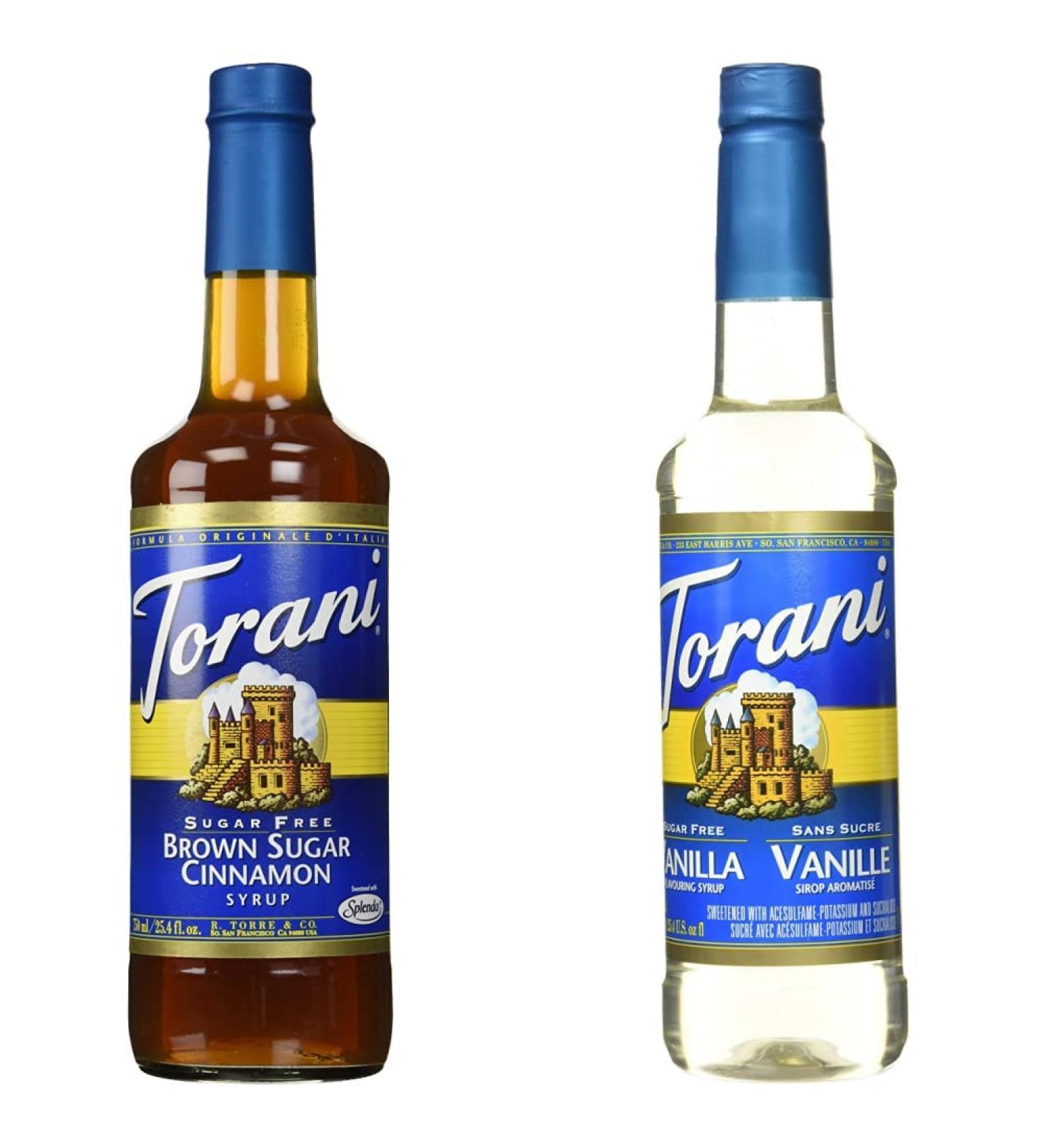 Torani Sugar-Free Brown Sugar Cinnamon Syrup 750 ml & Sugar Free Vanilla Syrup PET Bottle 750 milliliters Cinnamon Syrup + Vanilla Syrup