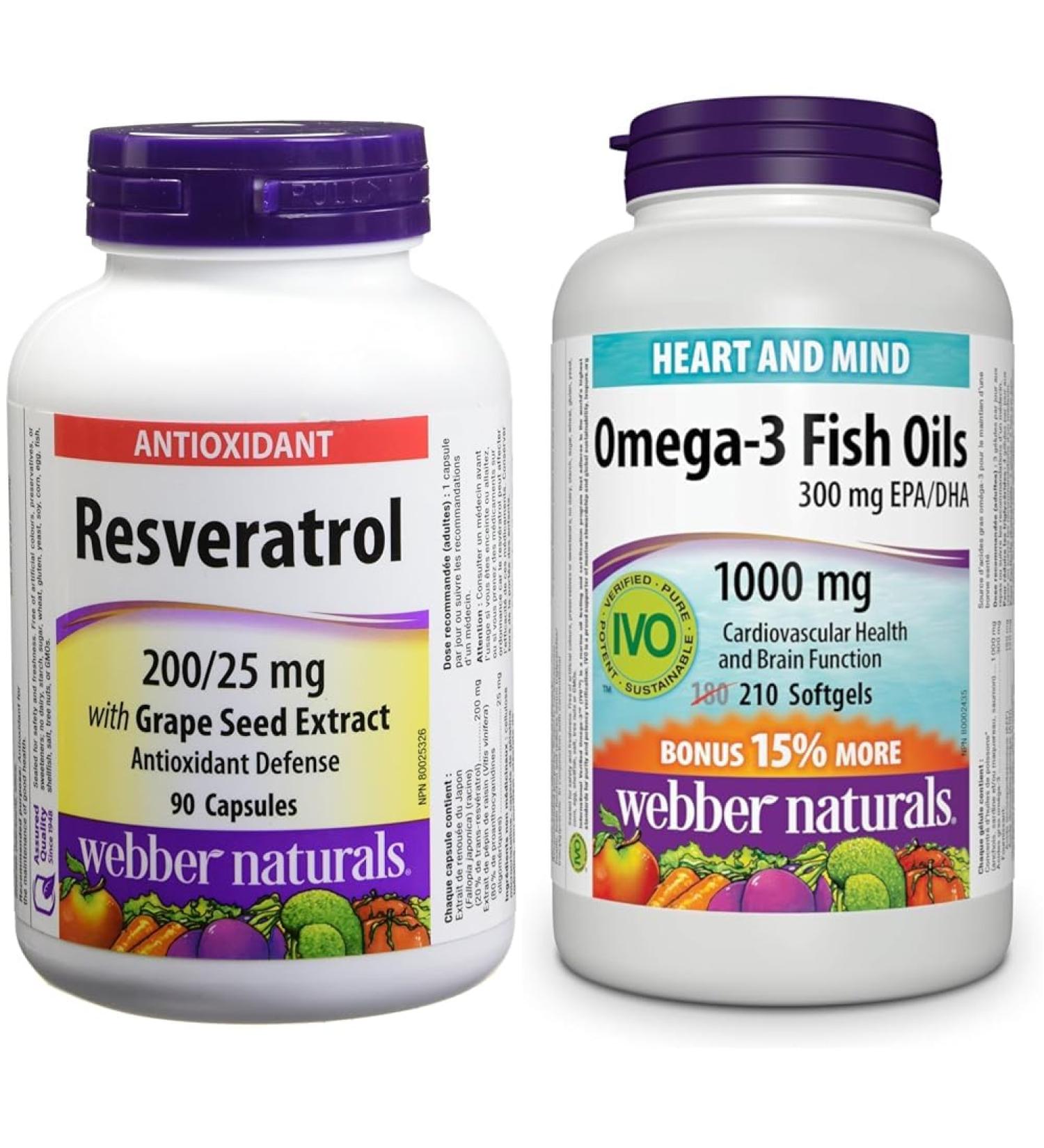 Webber Naturals Resveratrol with Grape Seed Extract Caplet 200/25mg & Omega-3 Fish Oil 1 000 mg 210 Softgels Supports Cardiovascular Health and Brain Function SUPPLEMENT + SUPPLEMENT 03872 - Buy Online on SooperMarket.com