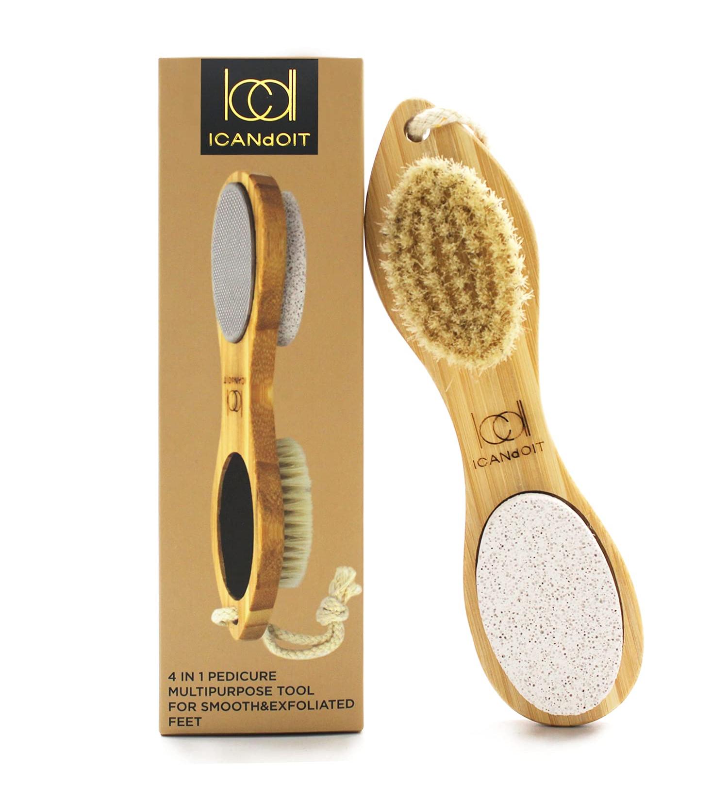 ICDI ICANdOIT Natural Bamboo Foot File Callus Remover - 4 in 1 Feet Pedicure Kit with Bristle Brush, Pumice Stone, Foot Rasp & Sand Paper - Foot Care Essential - Buy Online on SooperMarket.com