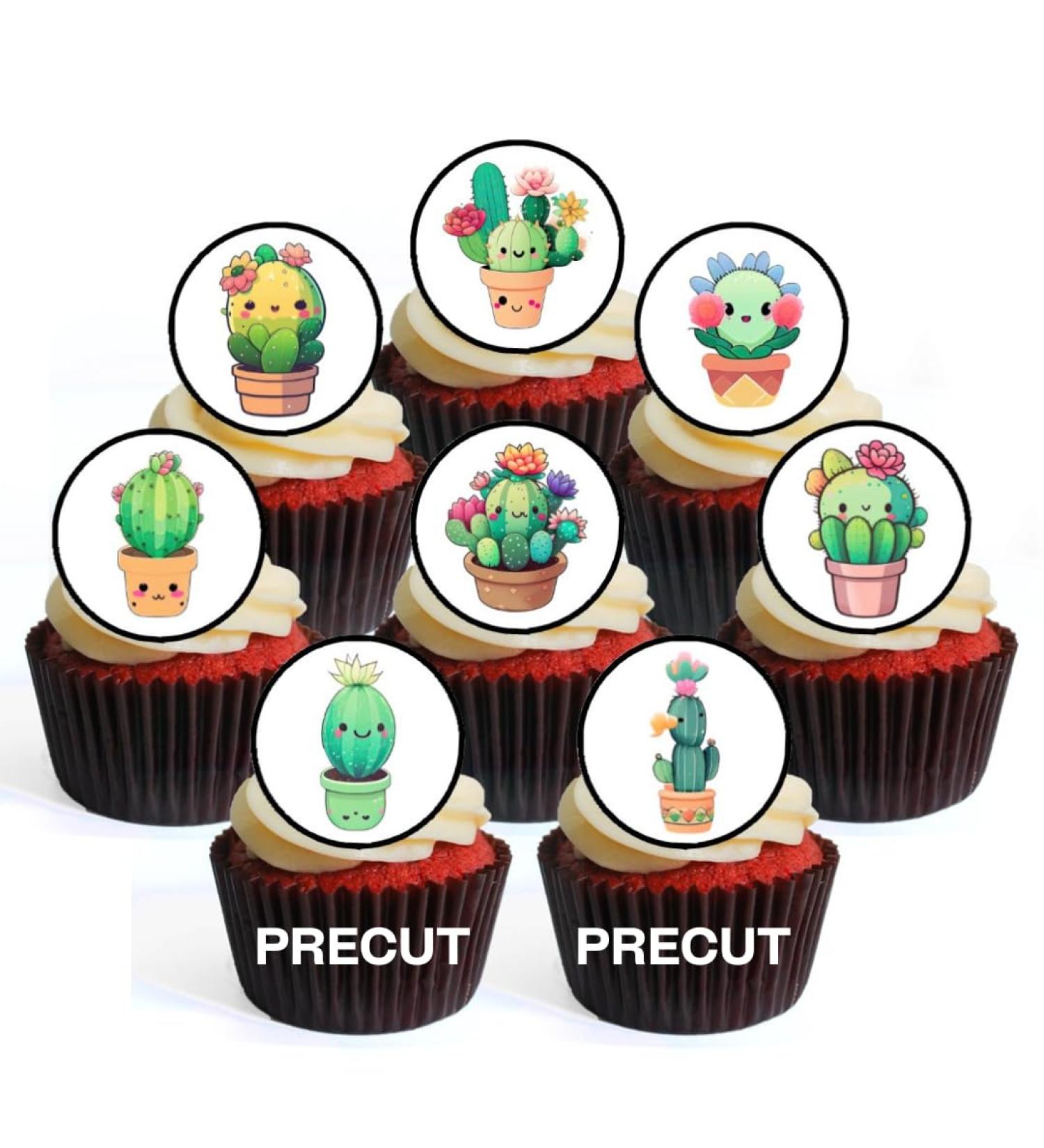 PRECUT Kawaii Cactus Edible Cupcake Toppers - Cute Kawaii Cactus Theme Premium Thickness SWEETENED VANILLA - wafer card disc cake decorations (Pack of 24) - Buy Online on SooperMarket.com