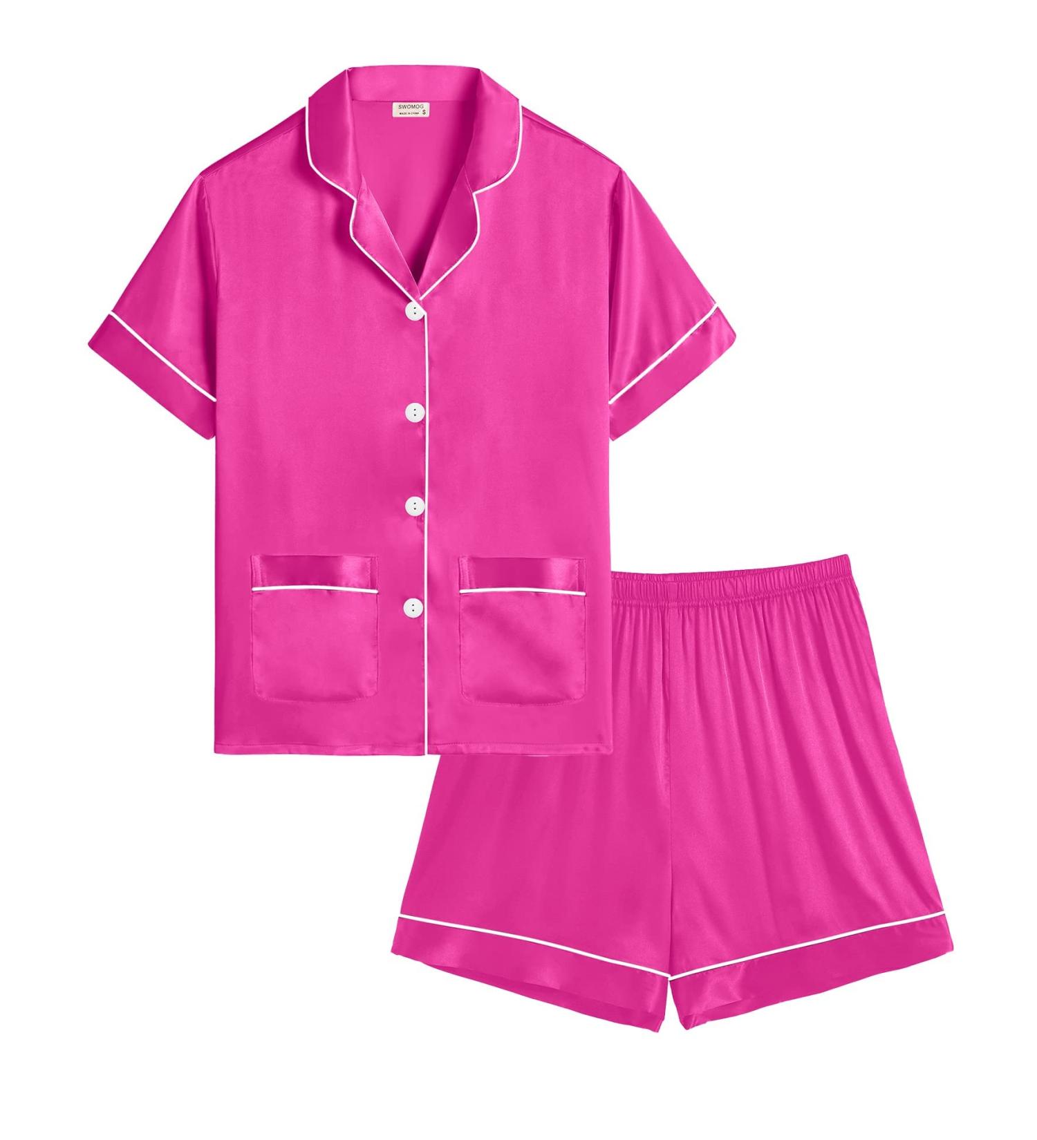 SWOMOG Kids Satin Pyjamas Set - 6-7 Years Rose Red | Short Sleeve 2 Piece Lounge Set for Girls Boys - Buy Online on SooperMarket.com